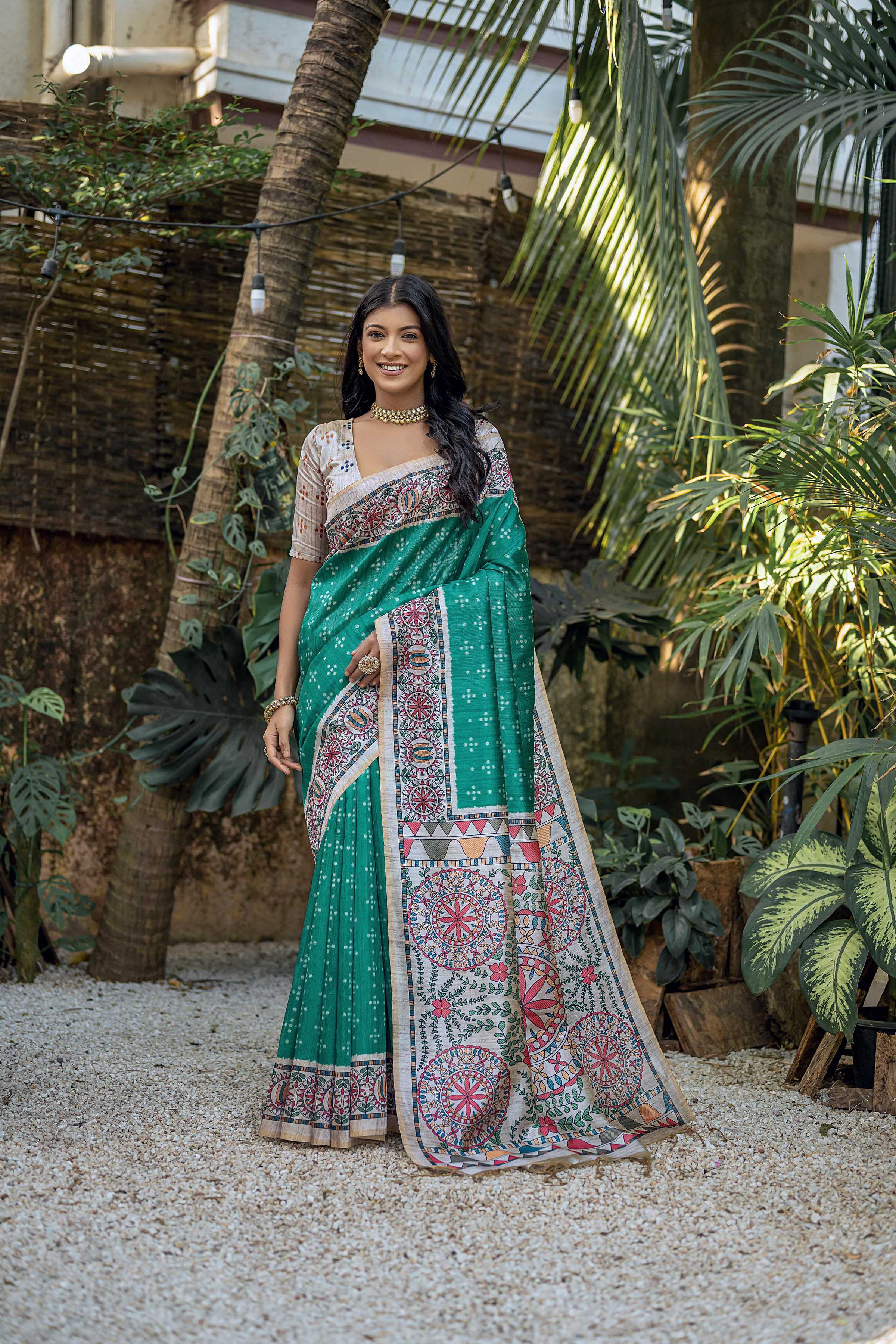 Jyoti Fashion Women's Sea Green Soft Tussar Silk Madhubani Printed Saree with Blouse