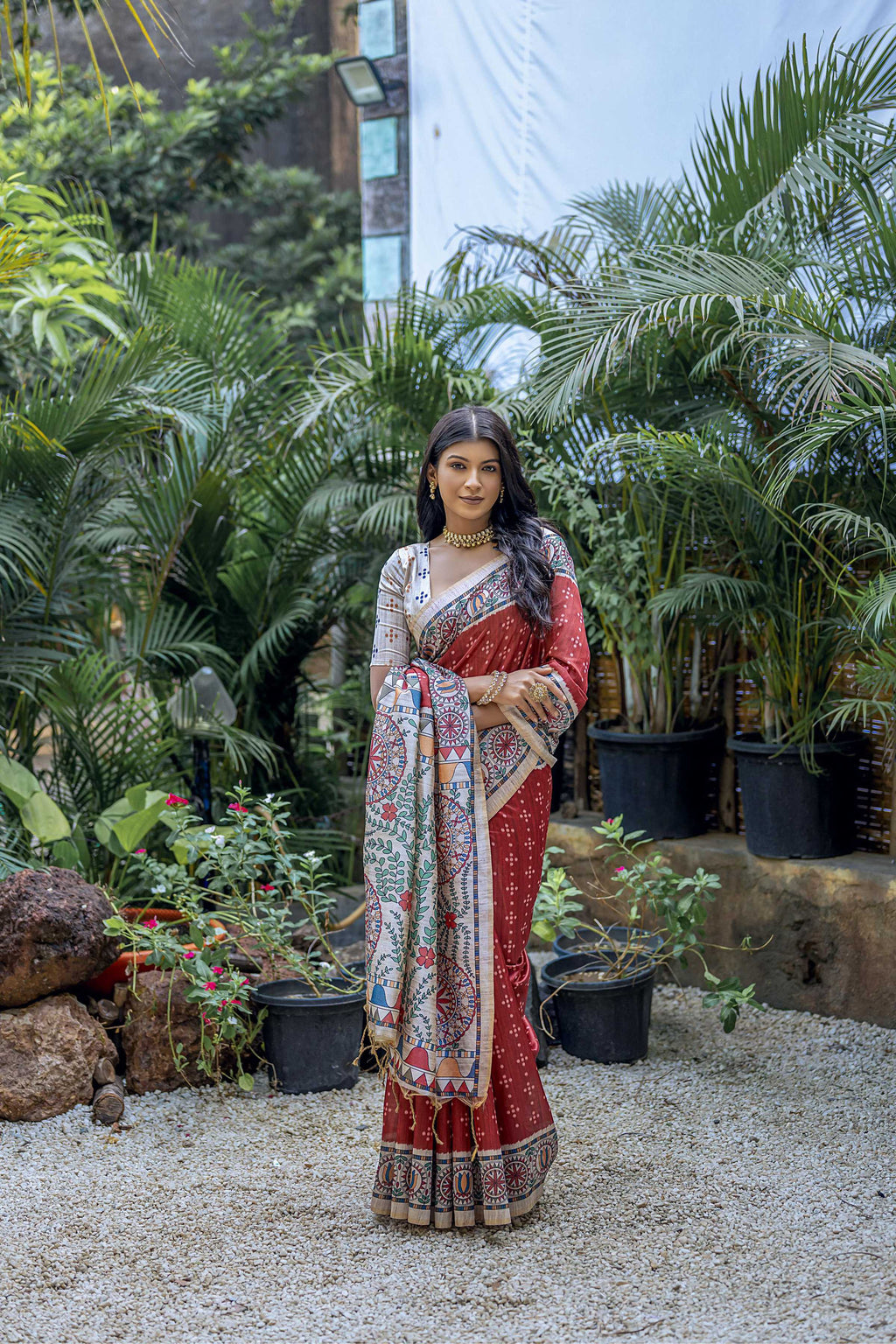 Jyoti Fashion Women's Maroon Soft Tussar Silk Madhubani Printed Saree with Blouse