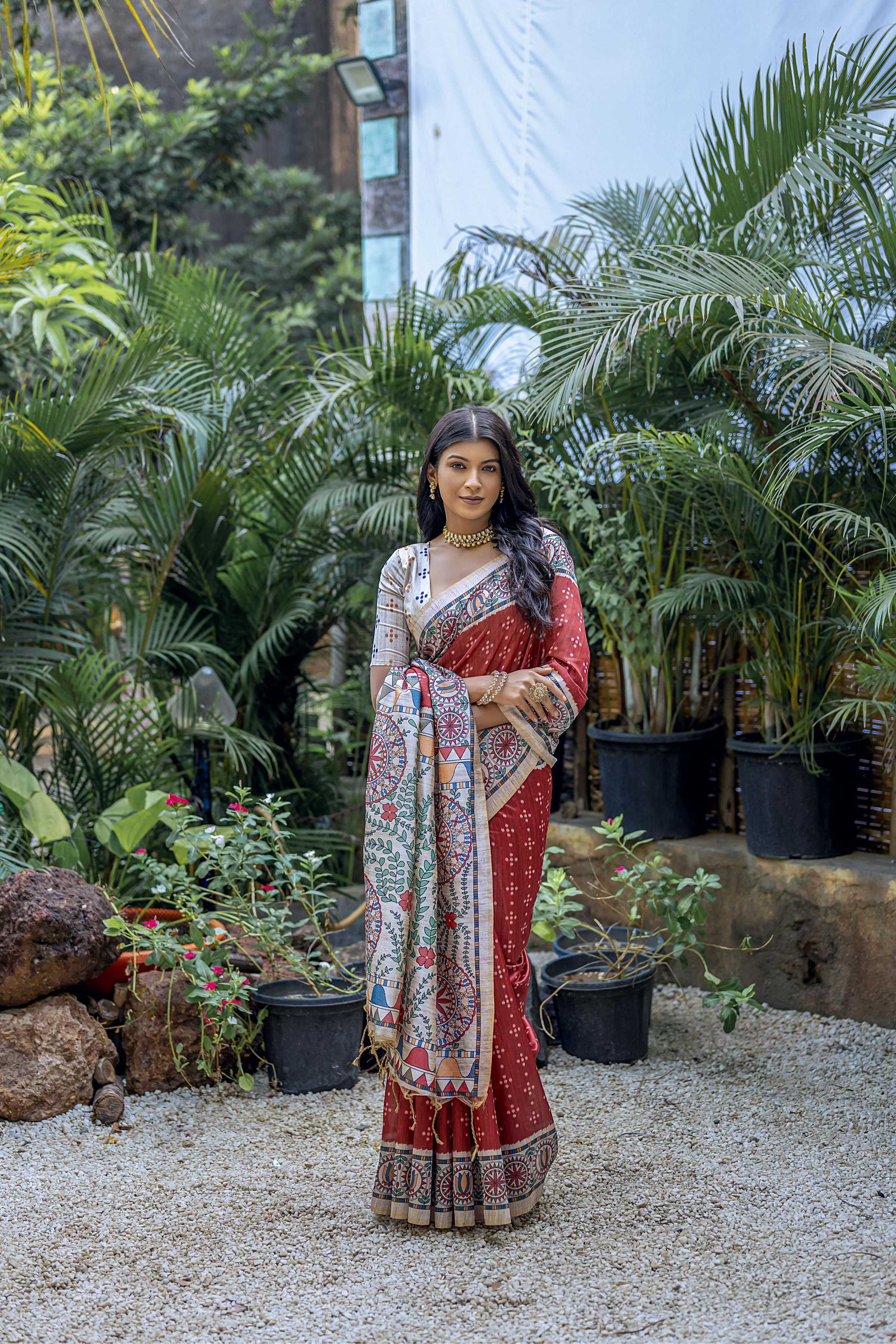 Jyoti Fashion Women's Maroon Soft Tussar Silk Madhubani Printed Saree with Blouse