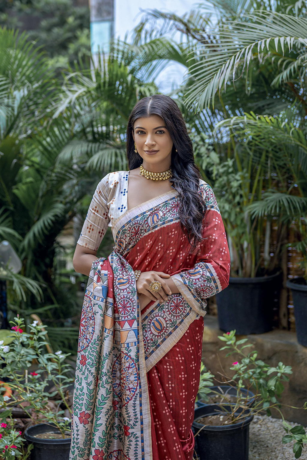 Jyoti Fashion Women's Maroon Soft Tussar Silk Madhubani Printed Saree with Blouse