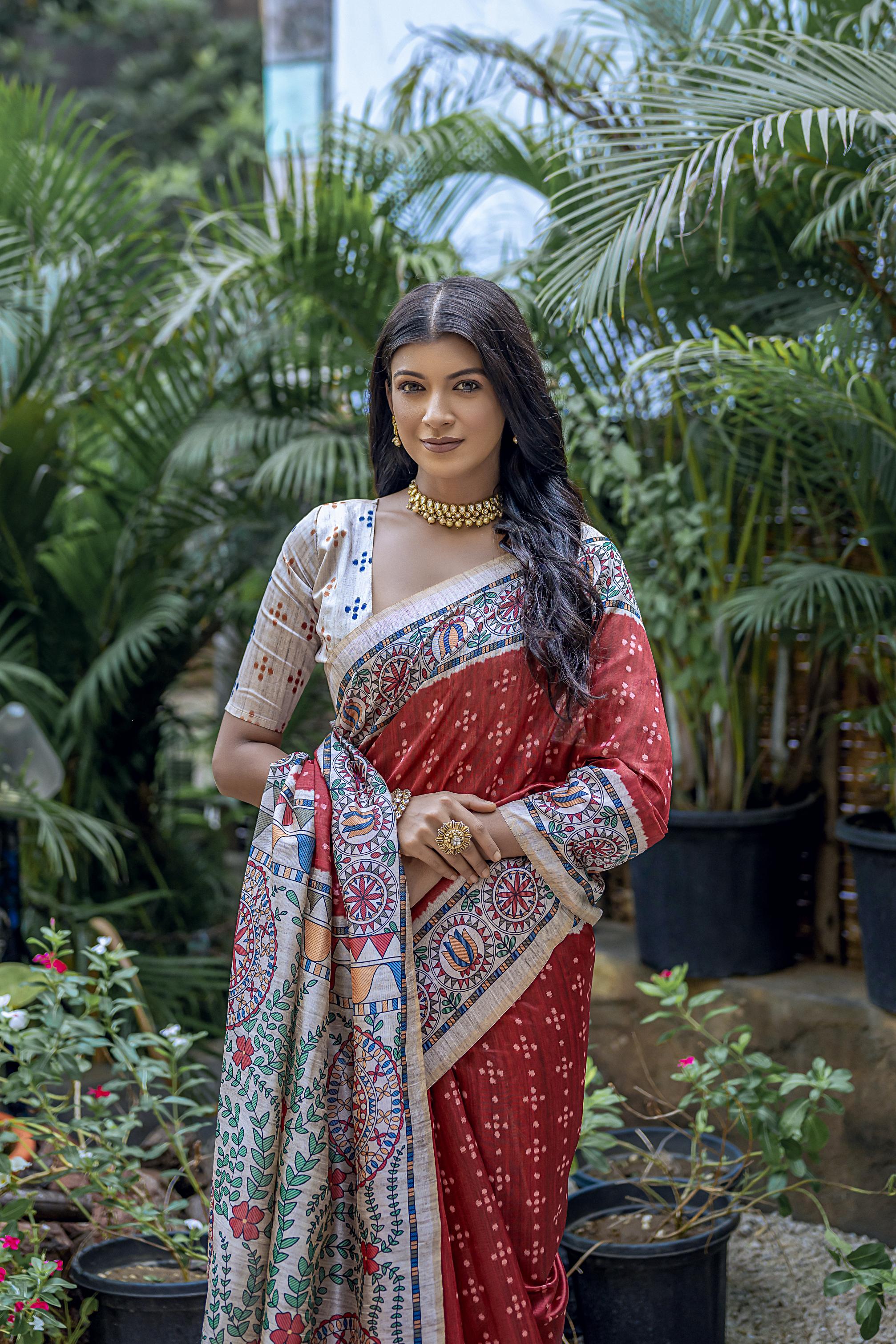 Jyoti Fashion Women's Maroon Soft Tussar Silk Madhubani Printed Saree with Blouse