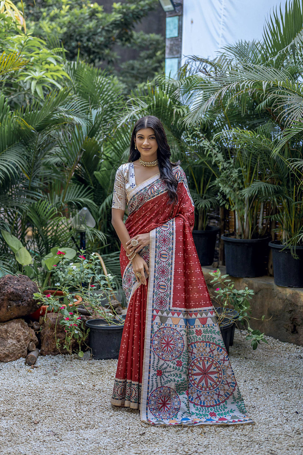 Jyoti Fashion Women's Maroon Soft Tussar Silk Madhubani Printed Saree with Blouse