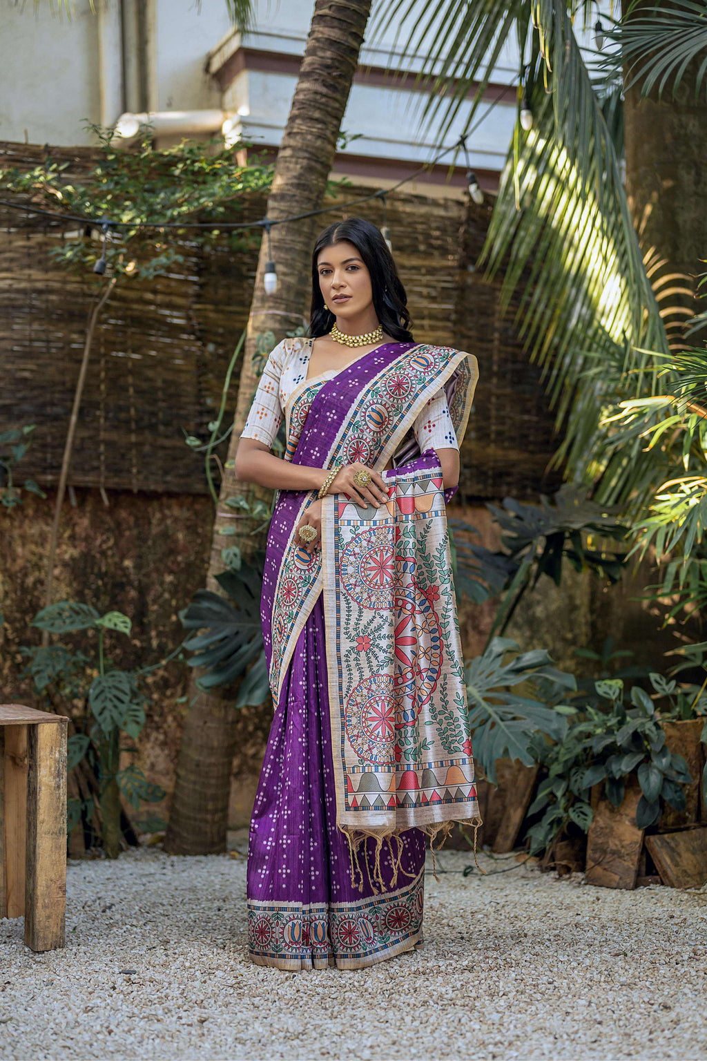 Jyoti Fashion Women's Purple Soft Tussar Silk Madhubani Printed Saree with Blouse