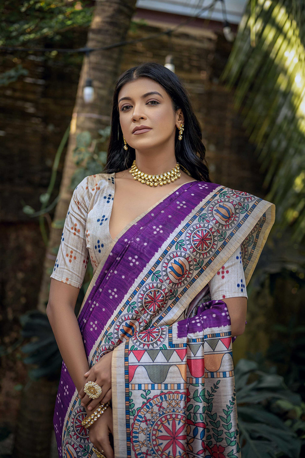 Jyoti Fashion Women's Purple Soft Tussar Silk Madhubani Printed Saree with Blouse
