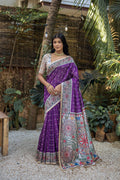 Jyoti Fashion Women's Purple Soft Tussar Silk Madhubani Printed Saree with Blouse