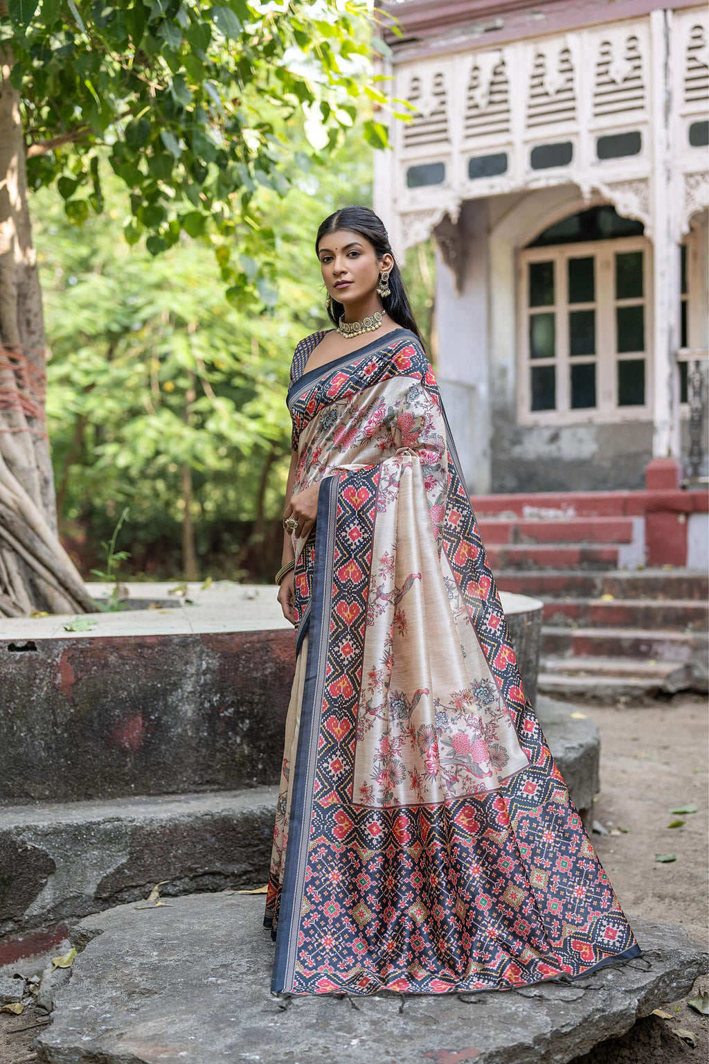 Jyoti Fashion Women's Navy Blue Soft Tussar Silk Floral Printed Saree with Blouse