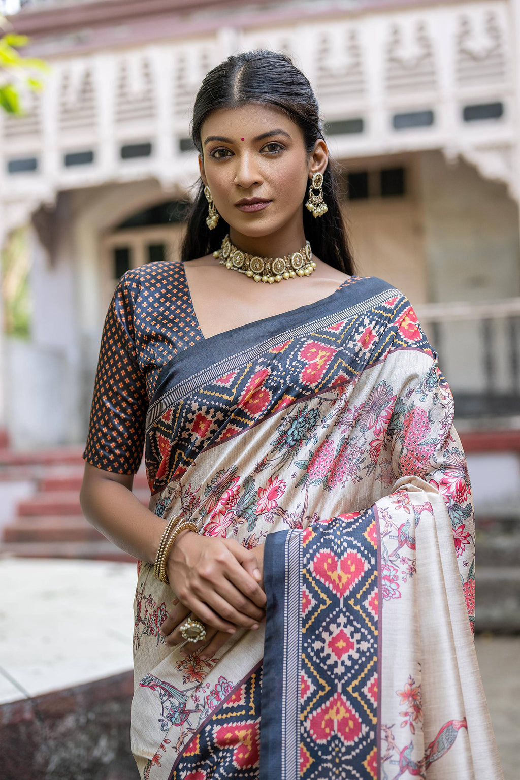 Jyoti Fashion Women's Navy Blue Soft Tussar Silk Floral Printed Saree with Blouse