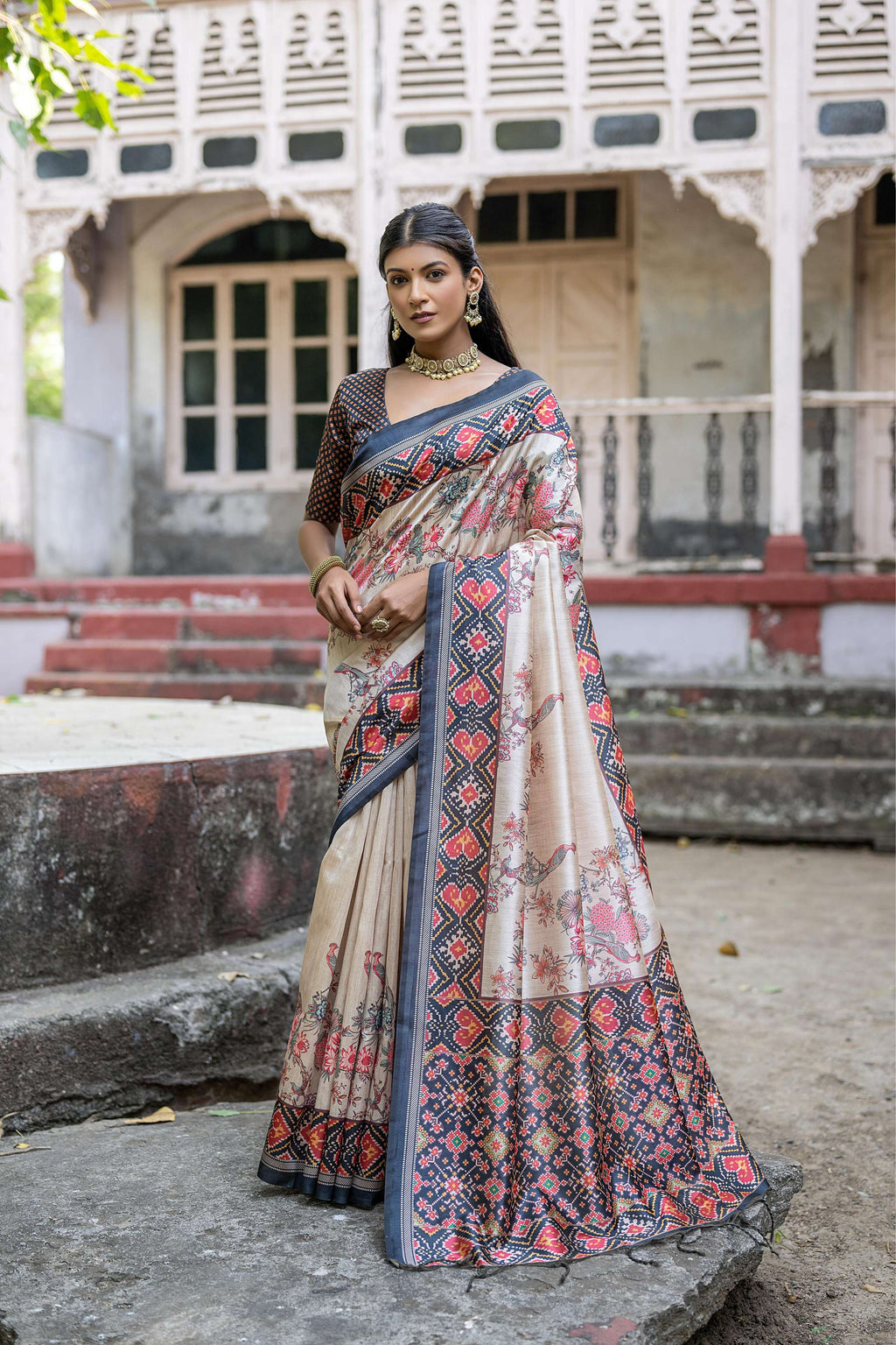 Jyoti Fashion Women's Navy Blue Soft Tussar Silk Floral Printed Saree with Blouse