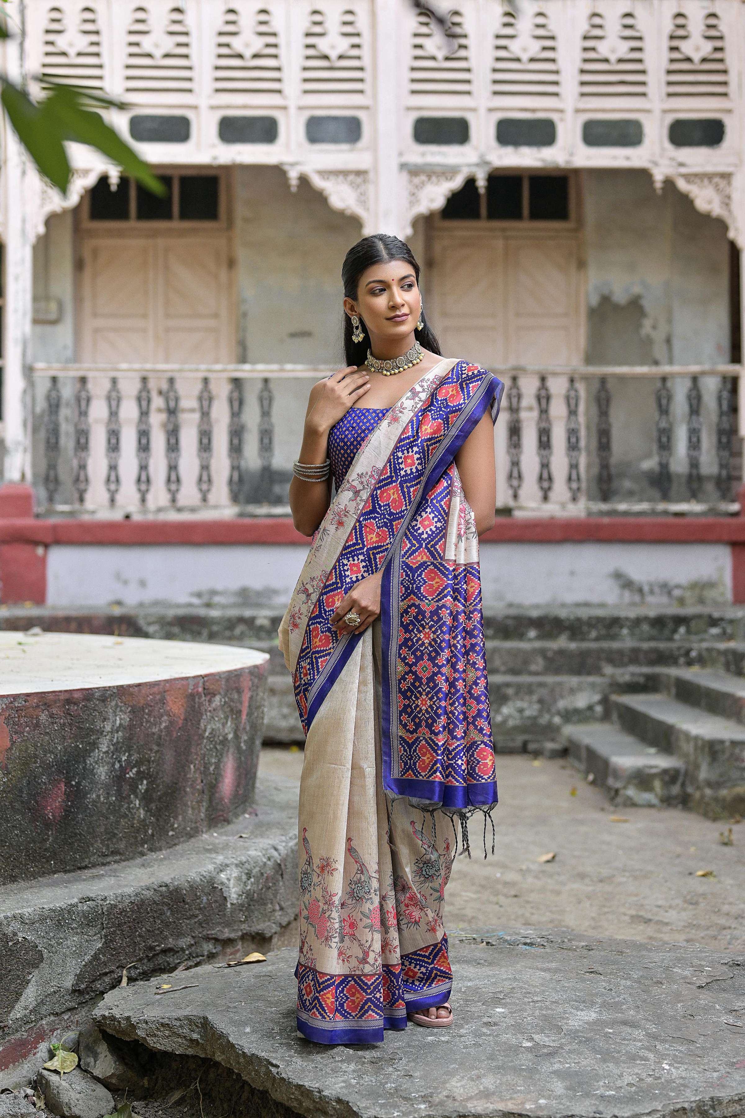 Jyoti Fashion Women's Royal Blue Soft Tussar Silk Floral Printed Saree with Blouse