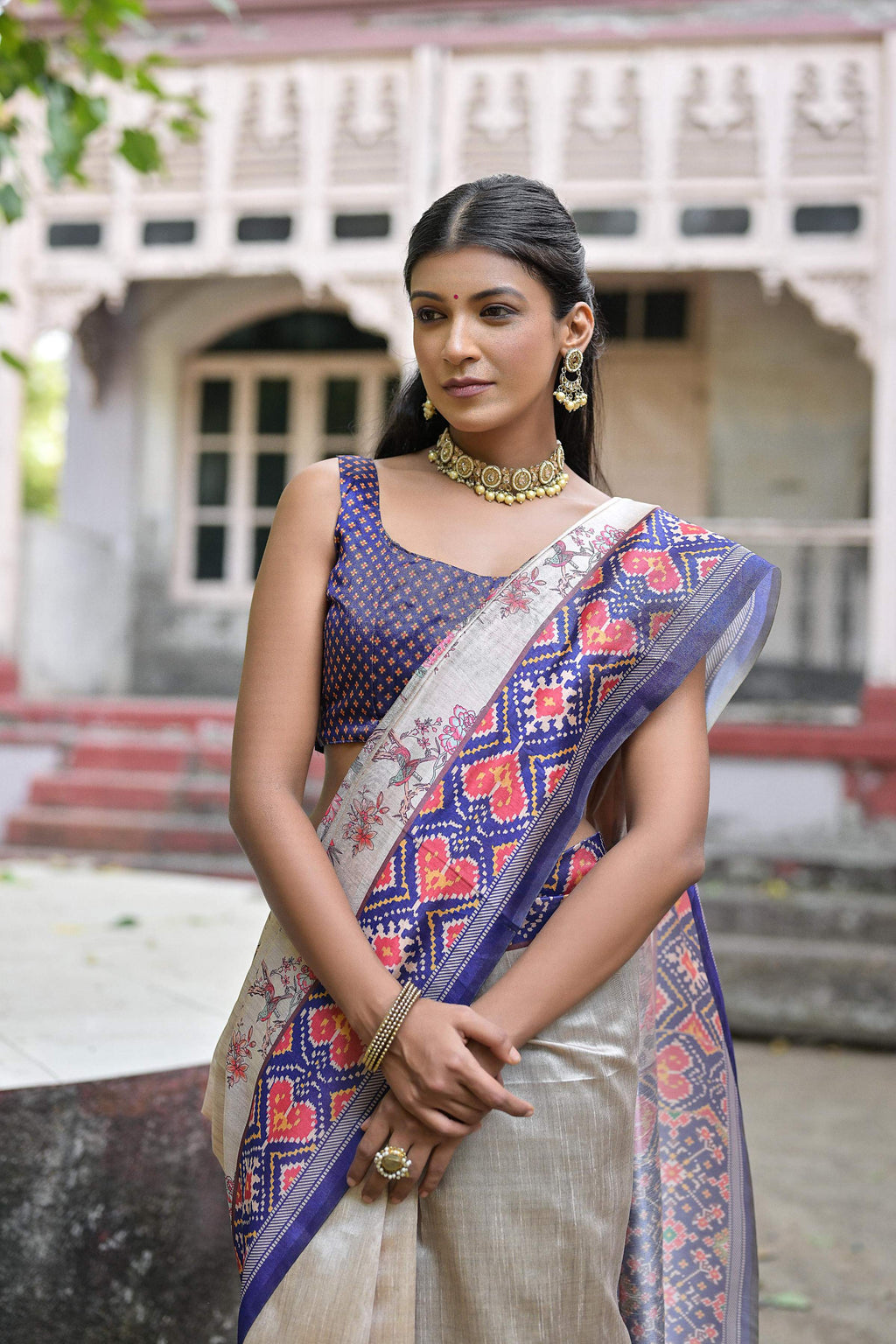 Jyoti Fashion Women's Royal Blue Soft Tussar Silk Floral Printed Saree with Blouse