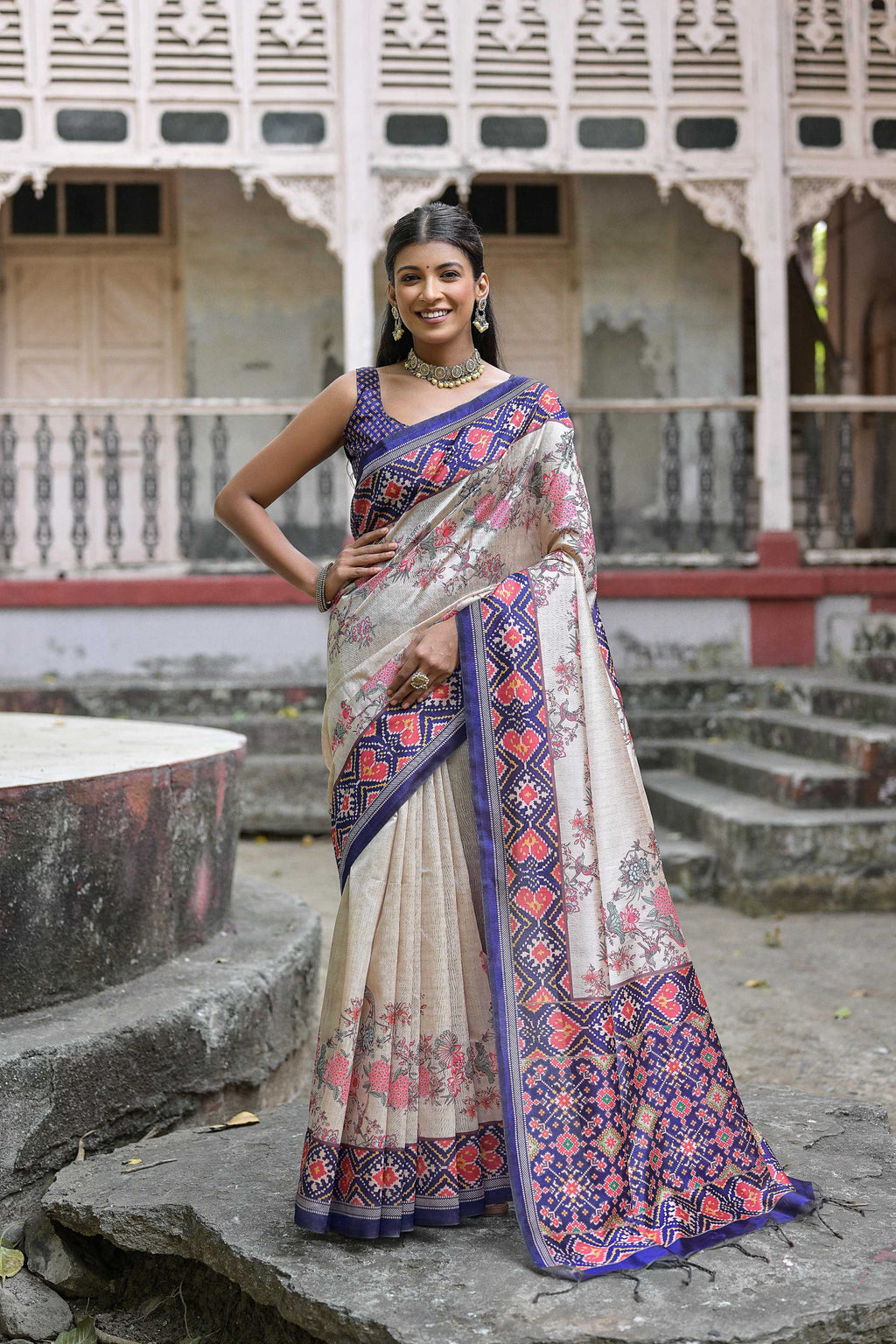 Jyoti Fashion Women's Royal Blue Soft Tussar Silk Floral Printed Saree with Blouse