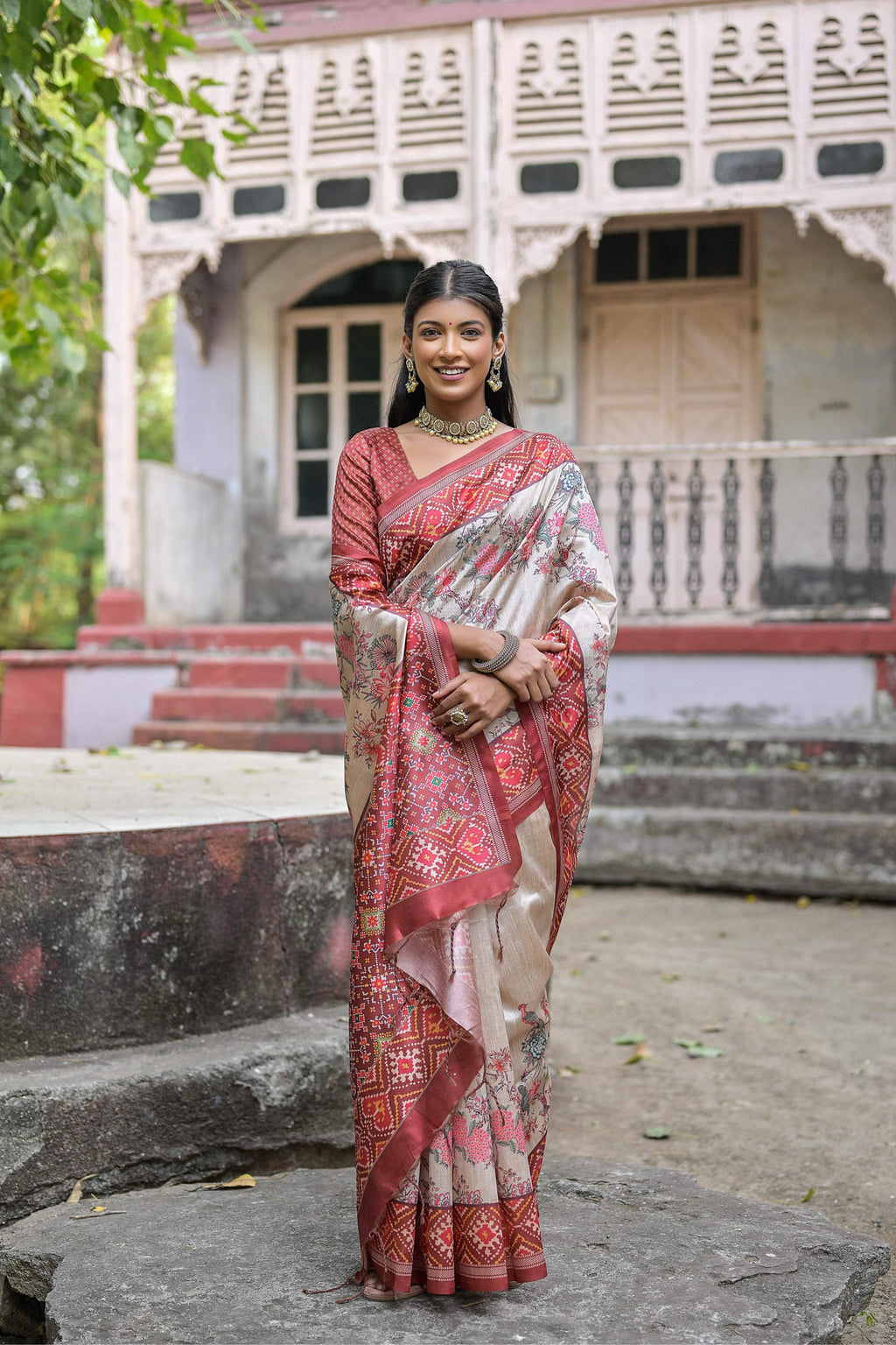 Jyoti Fashion Women's Maroon Soft Tussar Silk Floral Printed Saree with Blouse