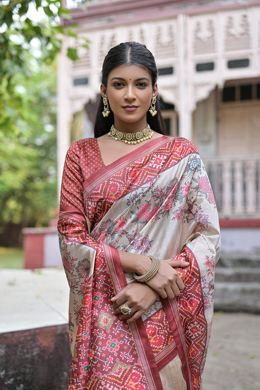 Jyoti Fashion Women's Maroon Soft Tussar Silk Floral Printed Saree with Blouse