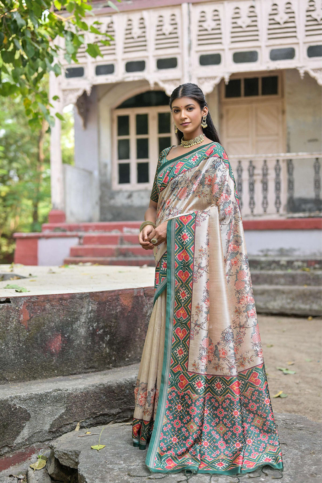 Jyoti Fashion Women's Rama Soft Tussar Silk Floral Printed Saree with Blouse
