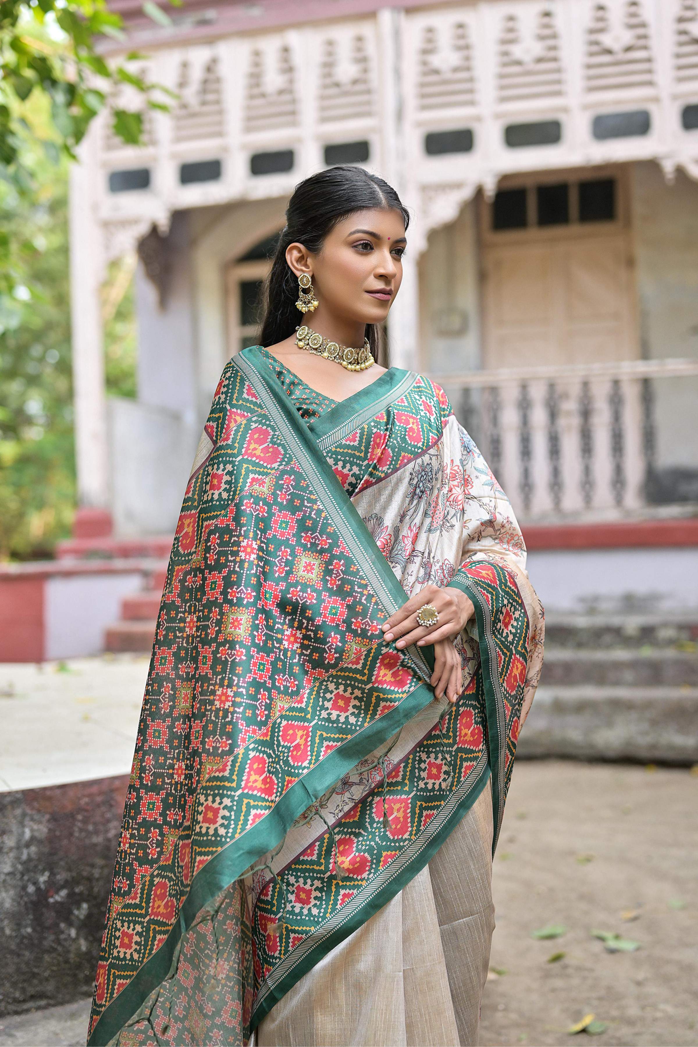 Jyoti Fashion Women's Rama Soft Tussar Silk Floral Printed Saree with Blouse