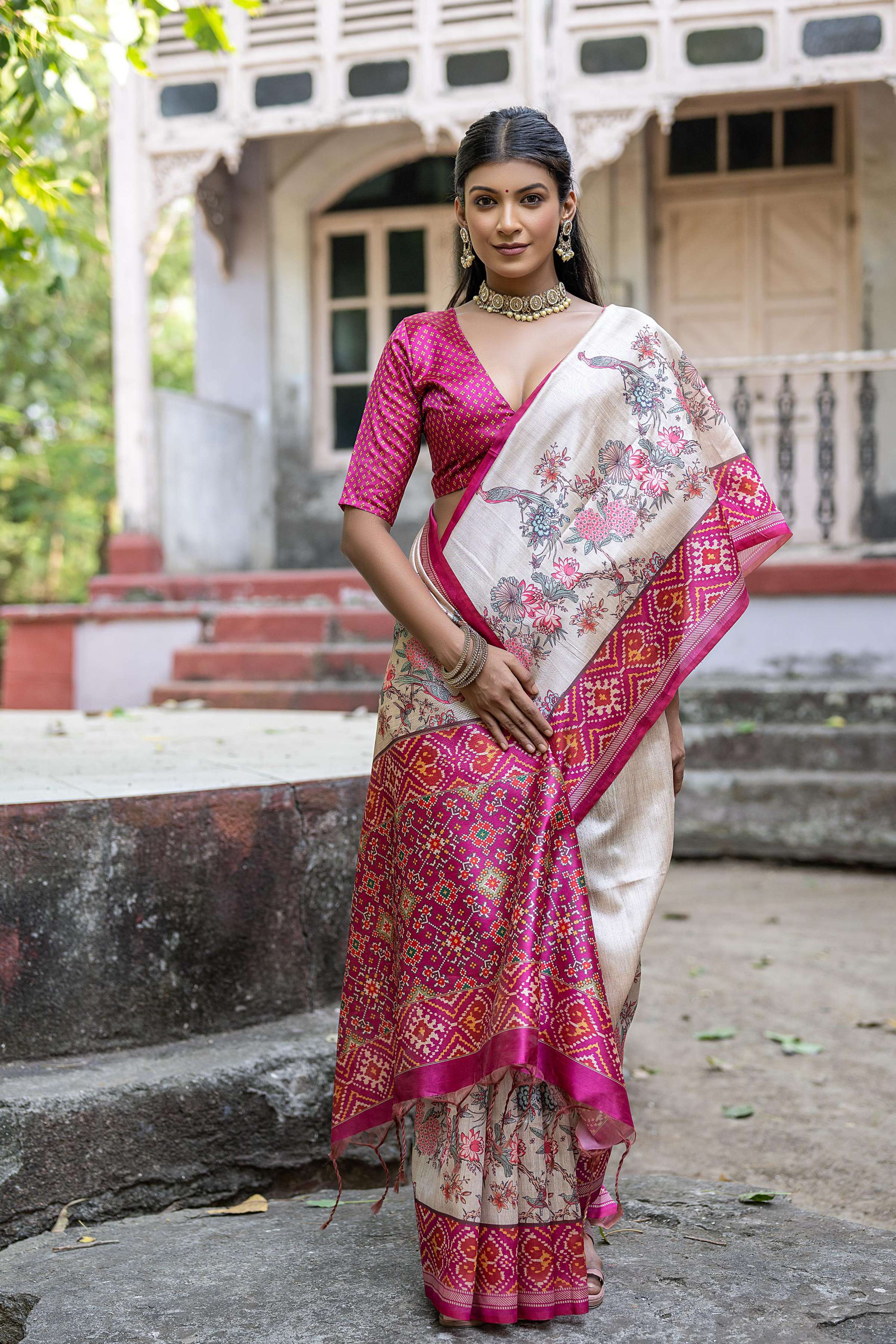 Jyoti Fashion Women's Pink Soft Tussar Silk Floral Printed Saree with Blouse