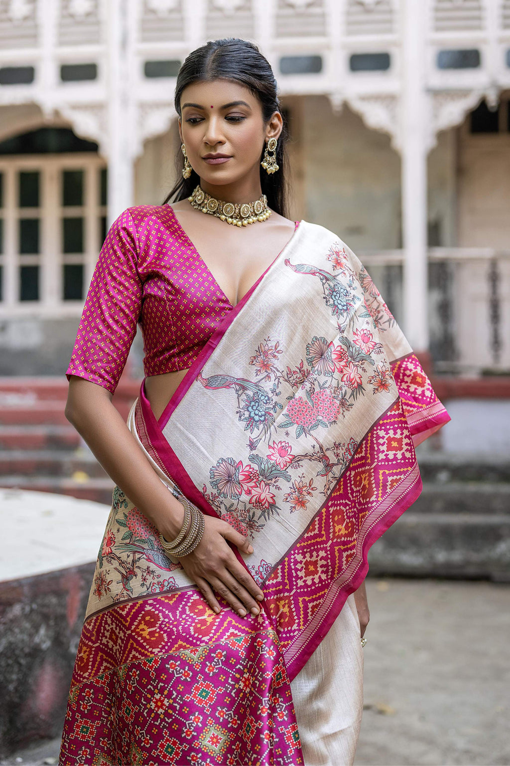 Jyoti Fashion Women's Pink Soft Tussar Silk Floral Printed Saree with Blouse