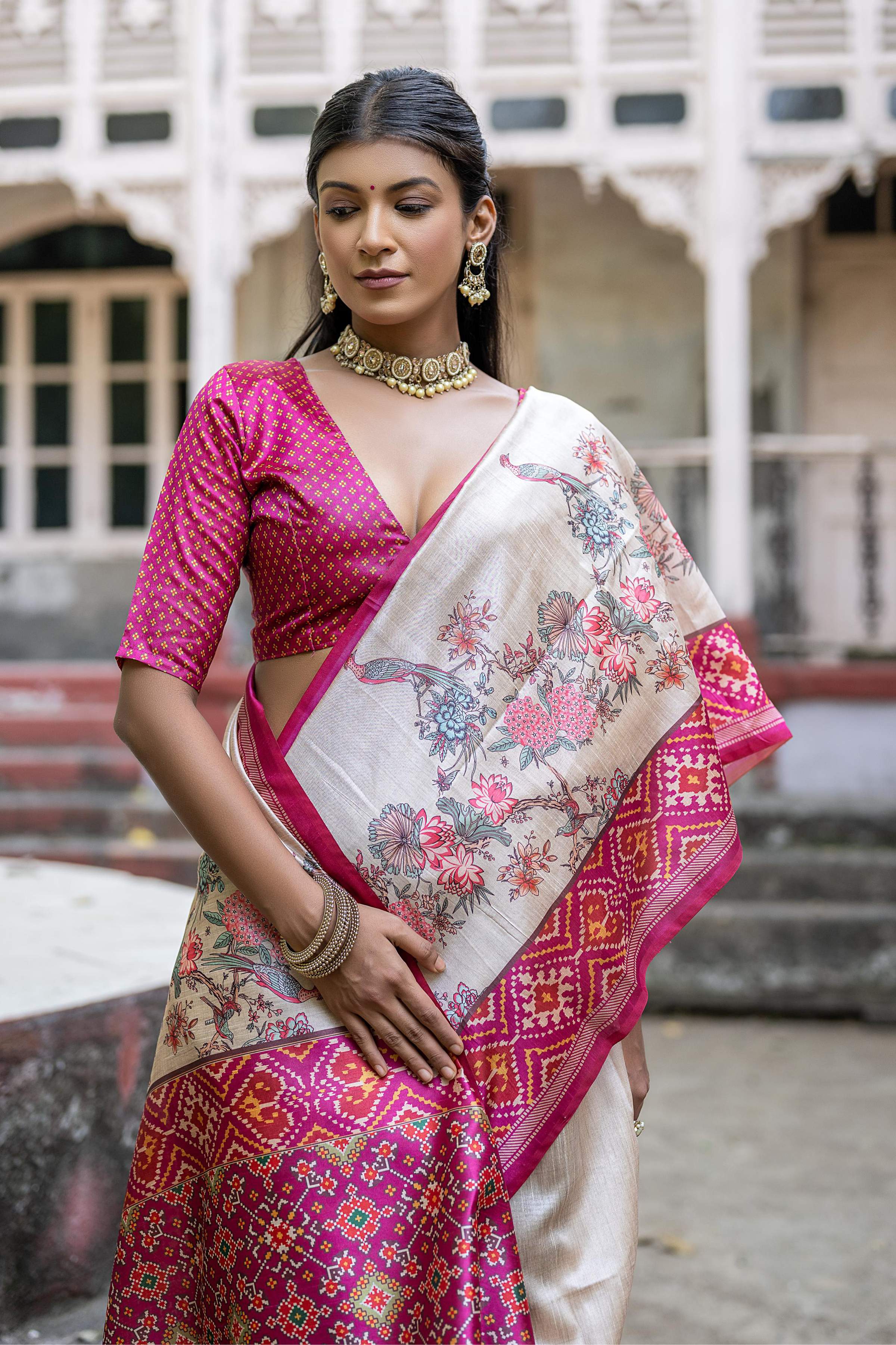Jyoti Fashion Women's Pink Soft Tussar Silk Floral Printed Saree with Blouse