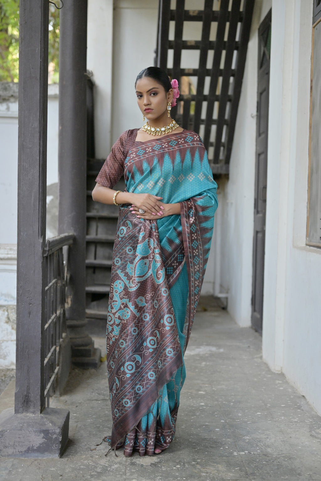 Jyoti Fashion Women's Sky Blue Soft Tussar Silk Temple Border Saree with Blouse