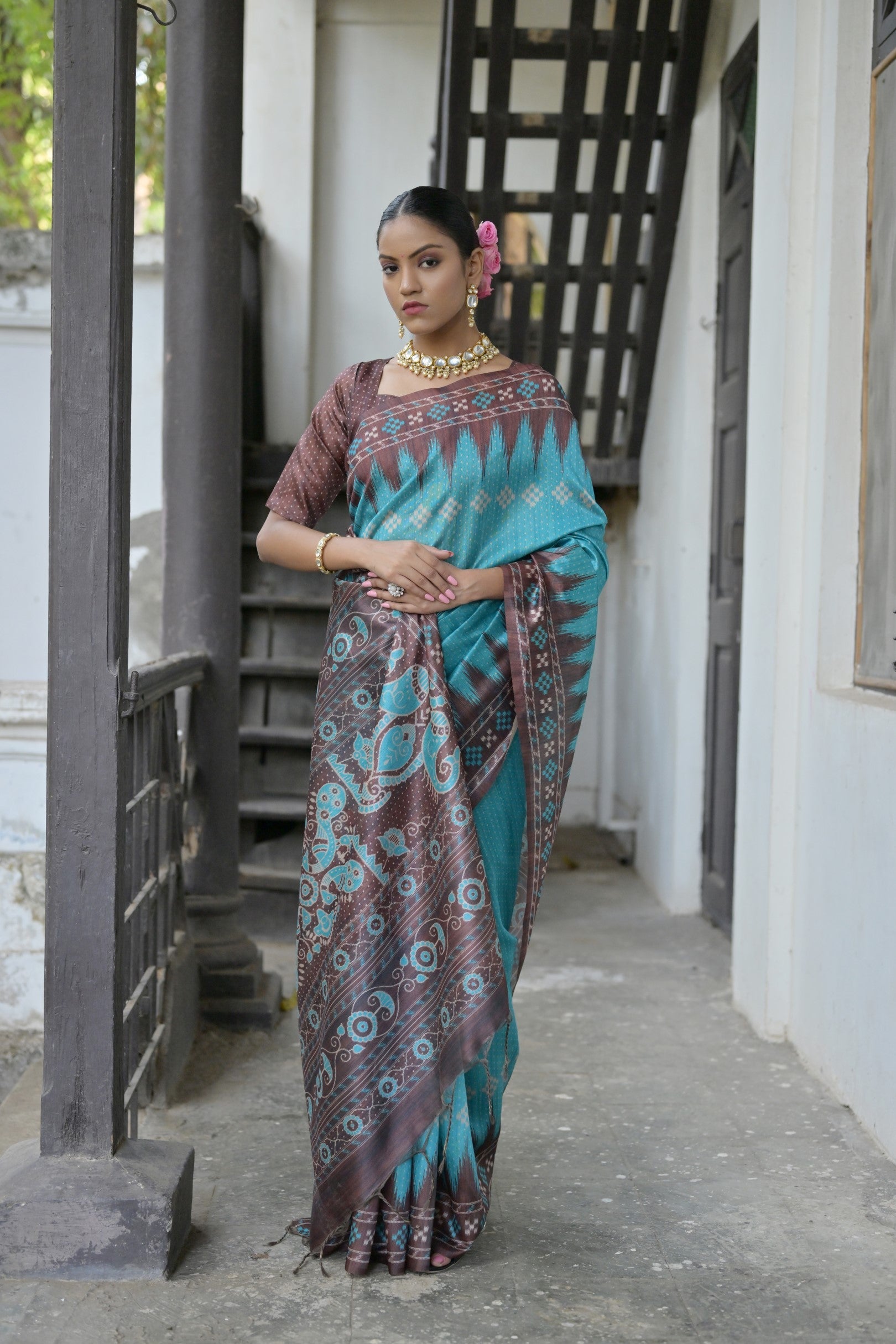 Jyoti Fashion Women's Sky Blue Soft Tussar Silk Temple Border Saree with Blouse