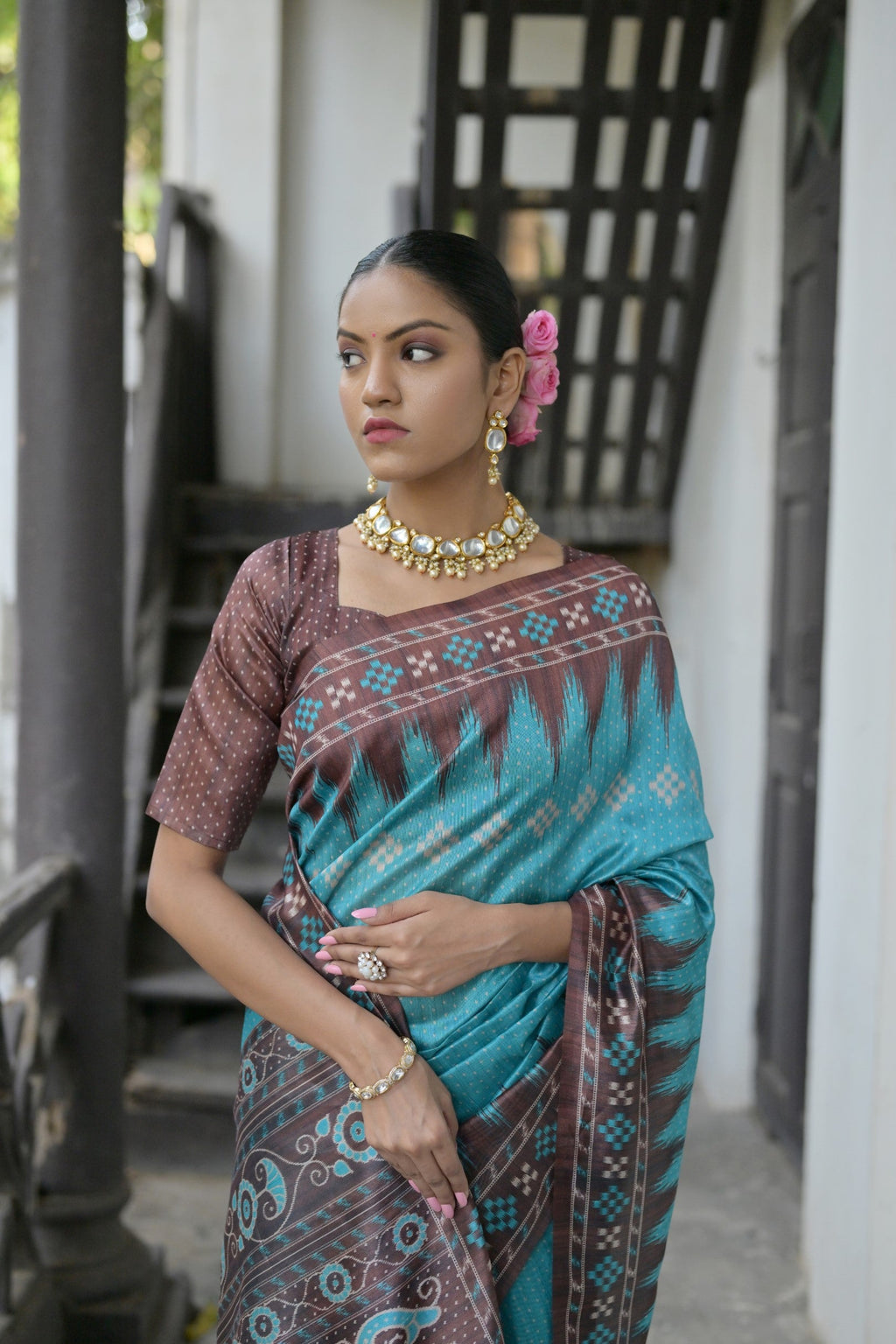 Jyoti Fashion Women's Sky Blue Soft Tussar Silk Temple Border Saree with Blouse