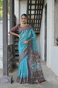 Jyoti Fashion Women's Sky Blue Soft Tussar Silk Temple Border Saree with Blouse