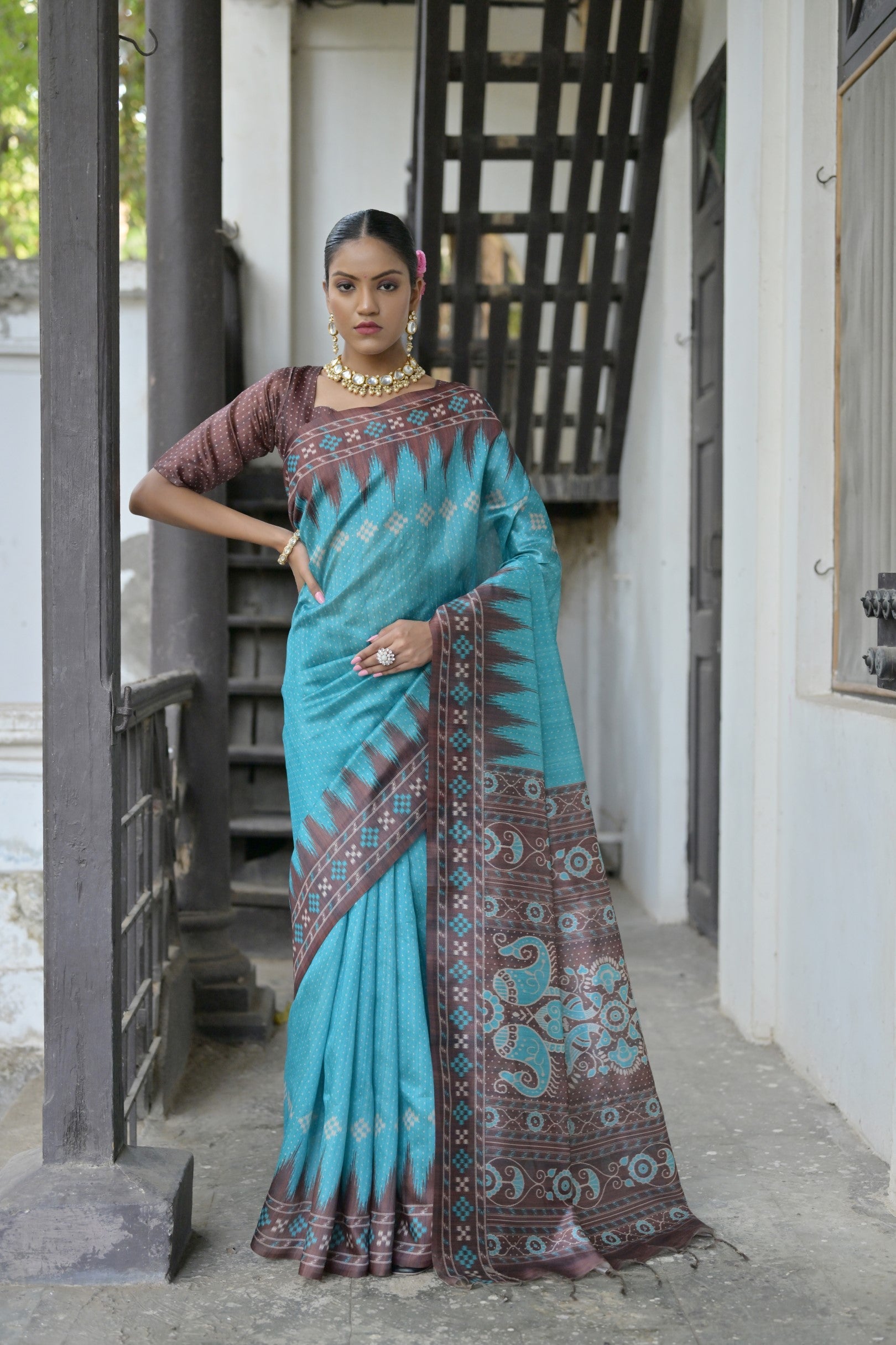 Jyoti Fashion Women's Sky Blue Soft Tussar Silk Temple Border Saree with Blouse