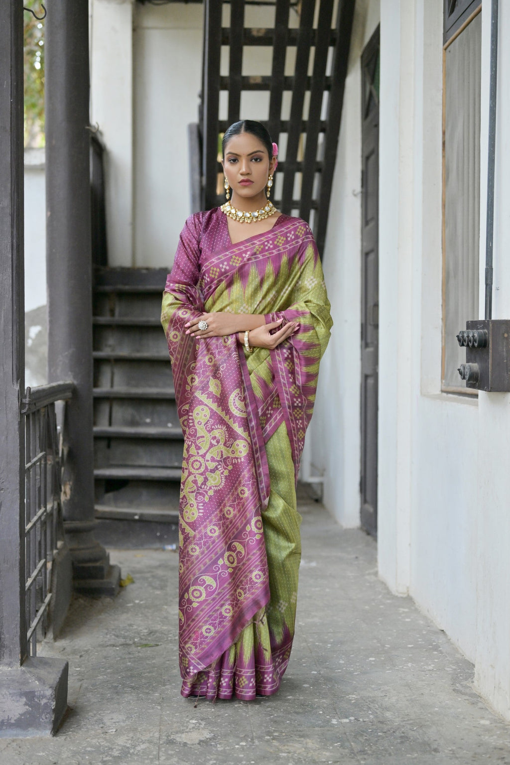 Jyoti Fashion Women's Green Soft Tussar Silk Temple Border Saree with Blouse