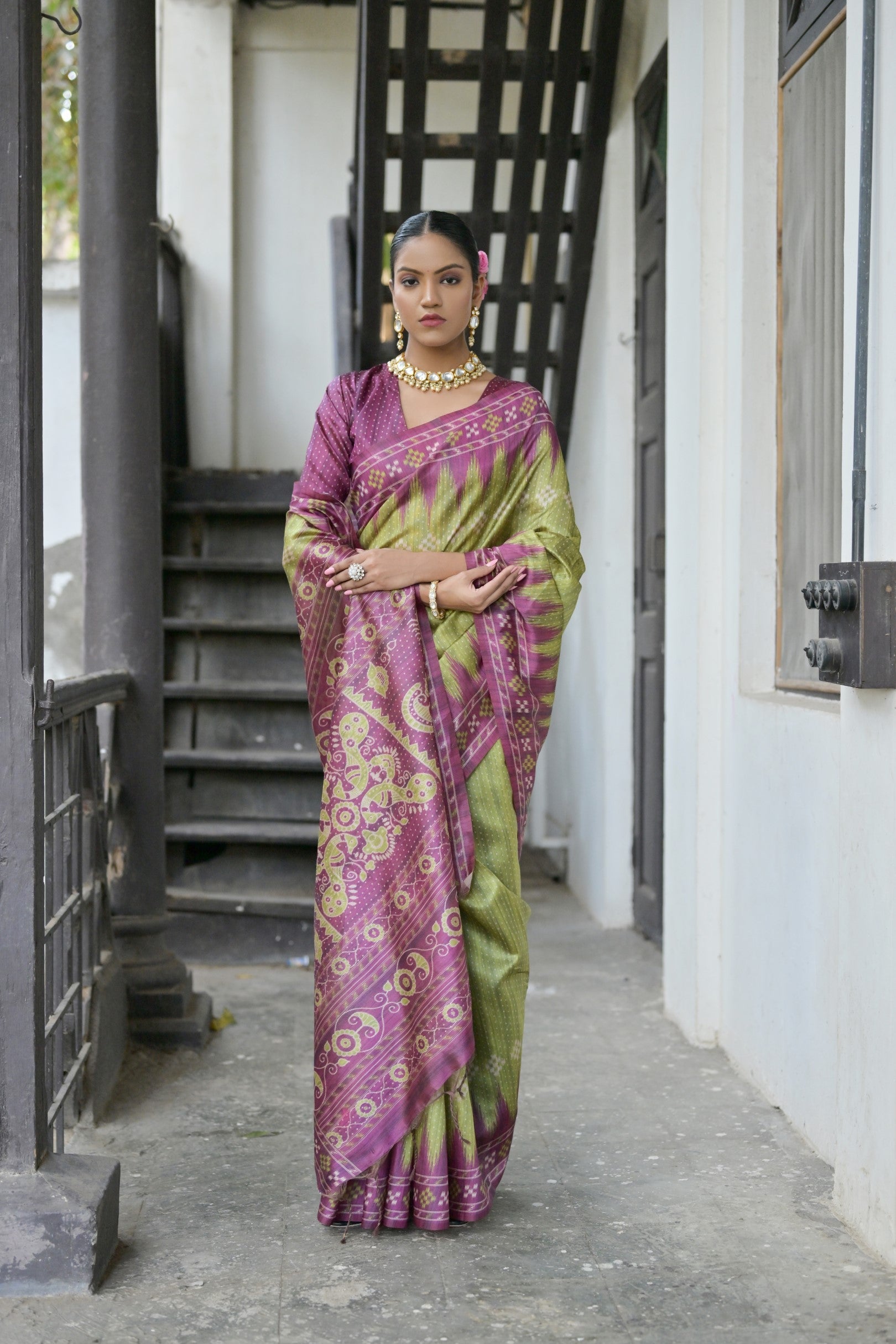 Jyoti Fashion Women's Green Soft Tussar Silk Temple Border Saree with Blouse