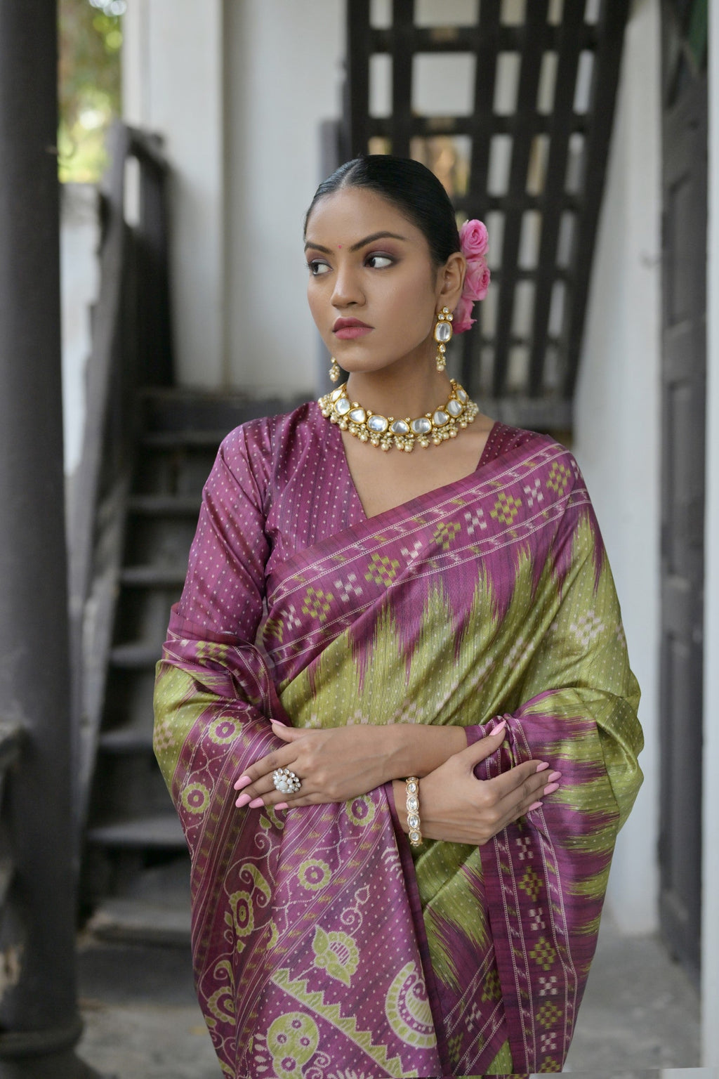 Jyoti Fashion Women's Green Soft Tussar Silk Temple Border Saree with Blouse