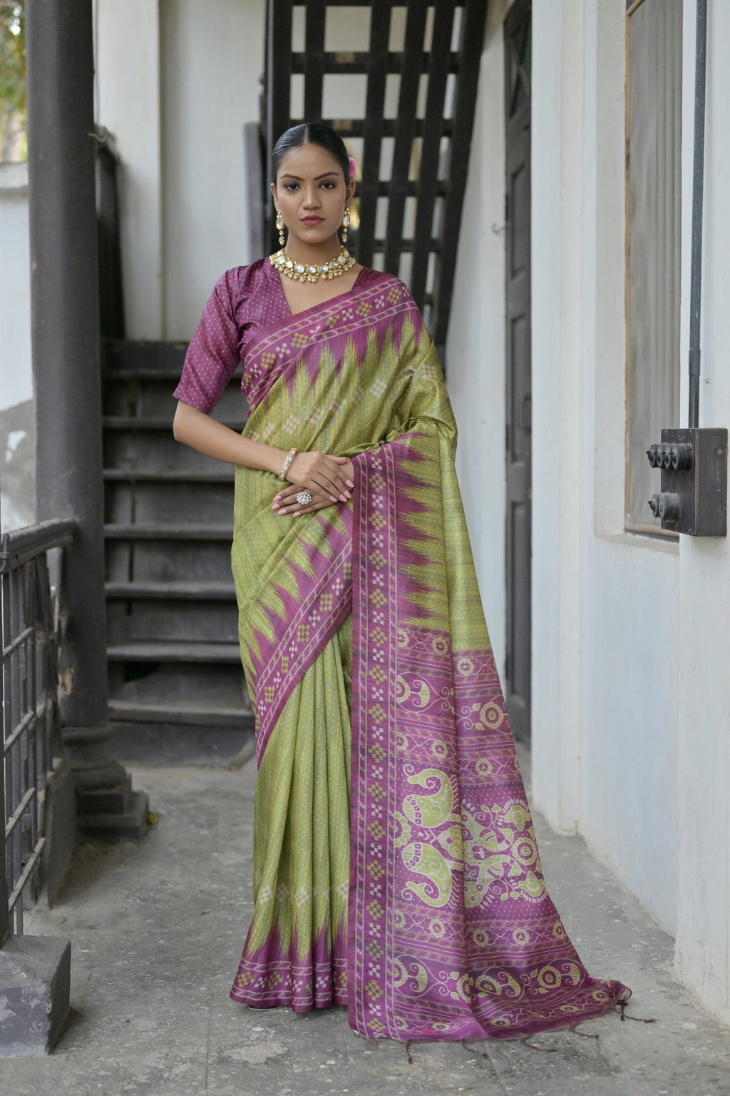 Jyoti Fashion Women's Green Soft Tussar Silk Temple Border Saree with Blouse
