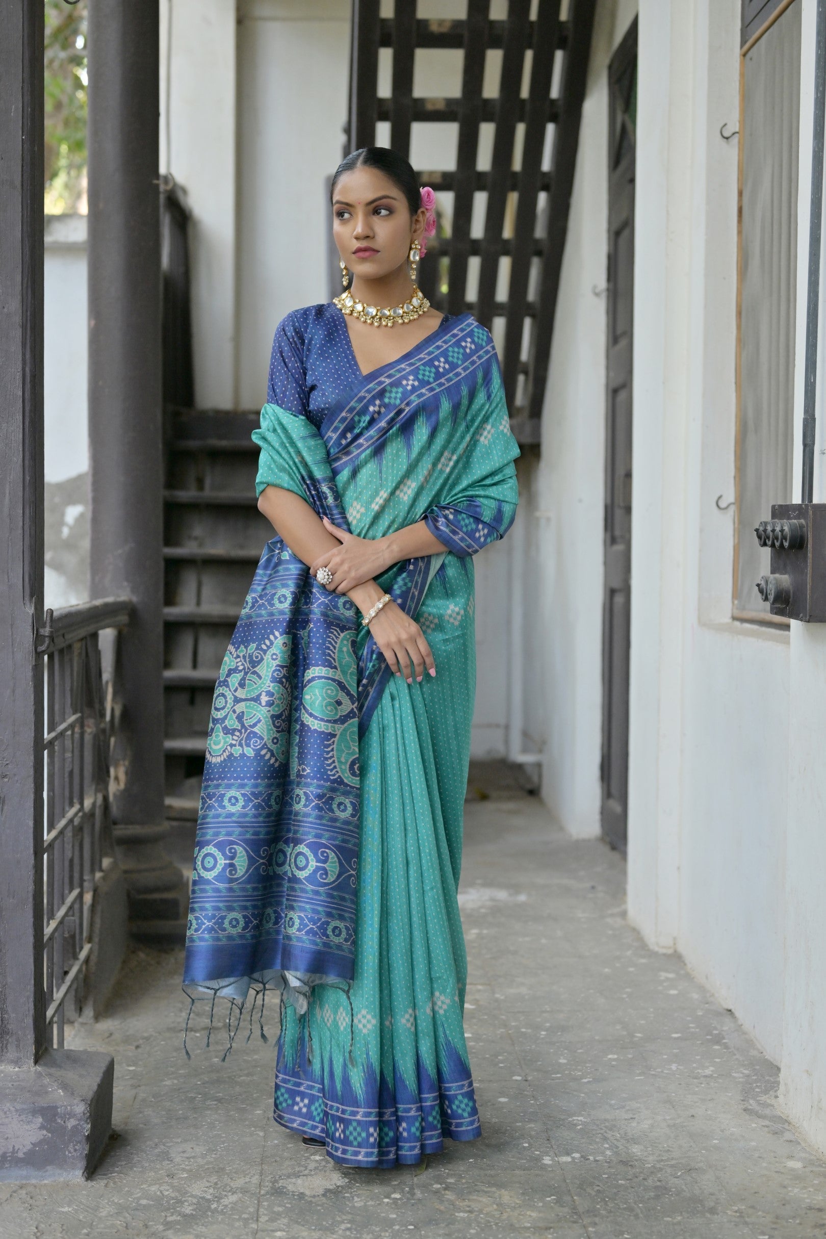 Jyoti Fashion Women's Sea Green Soft Tussar Silk Temple Border Saree with Blouse