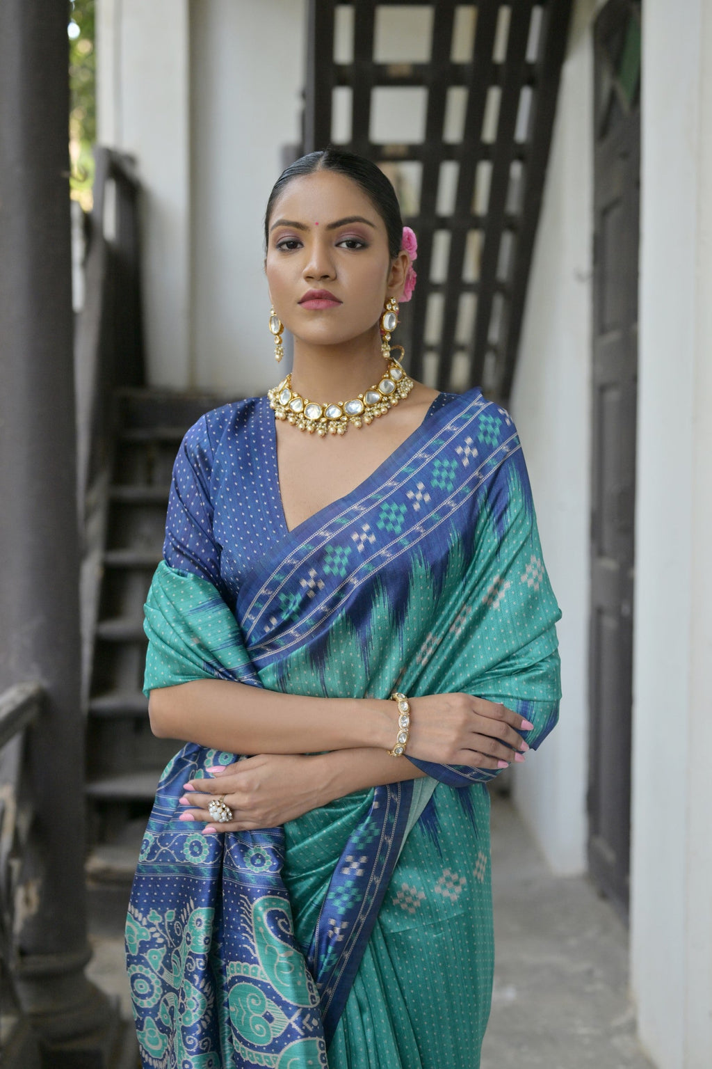 Jyoti Fashion Women's Sea Green Soft Tussar Silk Temple Border Saree with Blouse