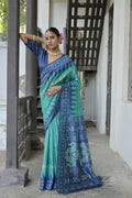 Jyoti Fashion Women's Sea Green Soft Tussar Silk Temple Border Saree with Blouse