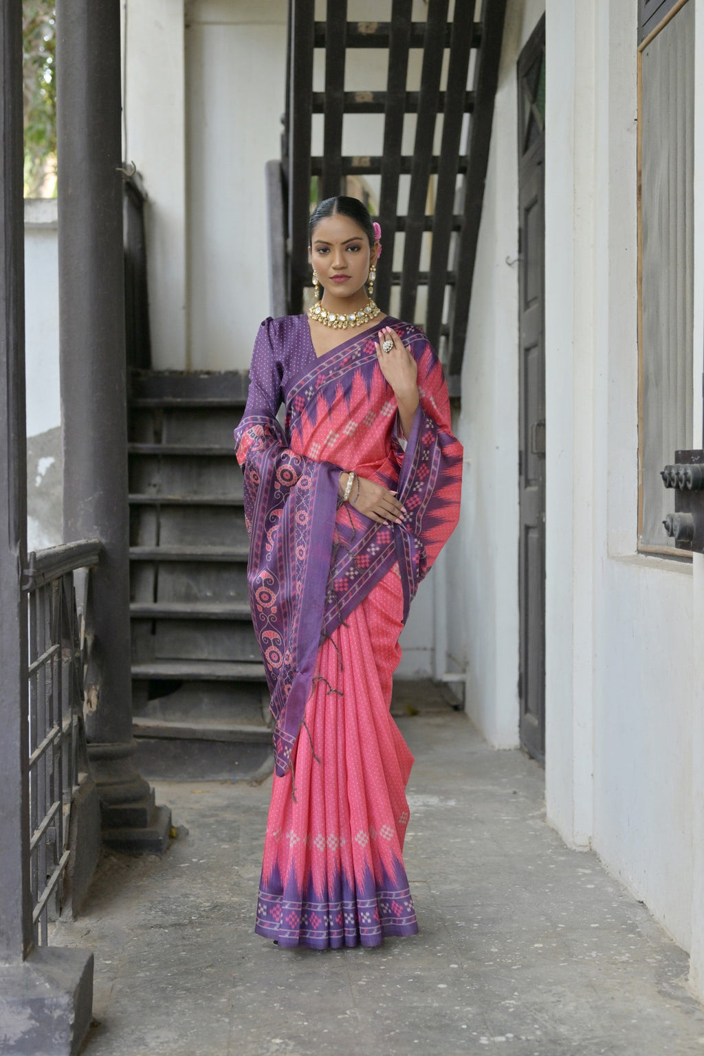 Jyoti Fashion Women's Pink Soft Tussar Silk Temple Border Saree with Blouse