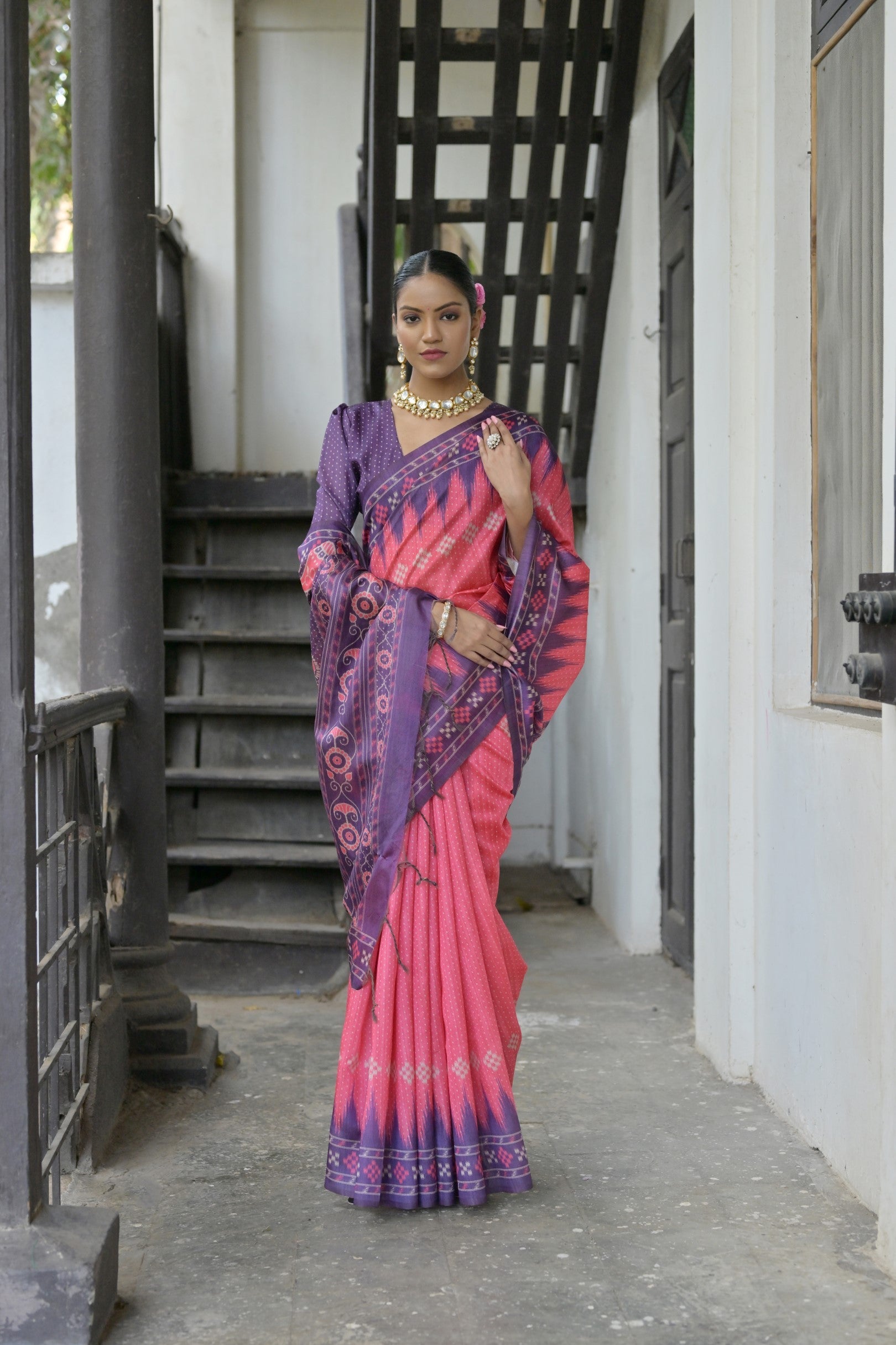 Jyoti Fashion Women's Pink Soft Tussar Silk Temple Border Saree with Blouse