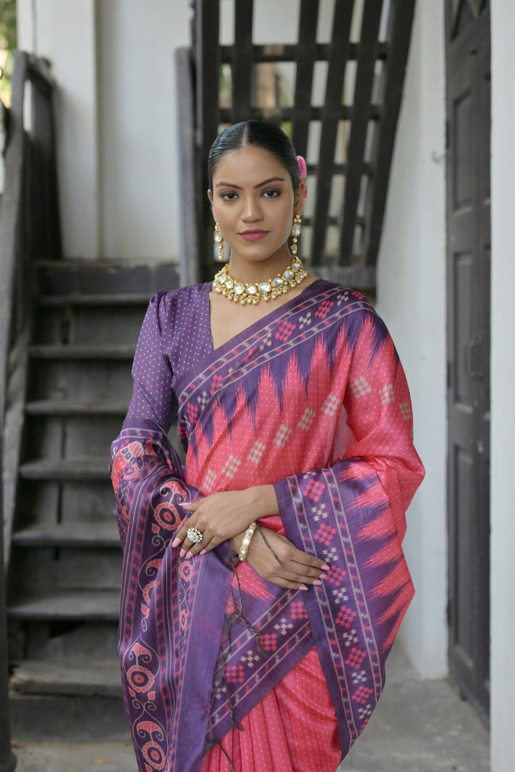 Jyoti Fashion Women's Pink Soft Tussar Silk Temple Border Saree with Blouse
