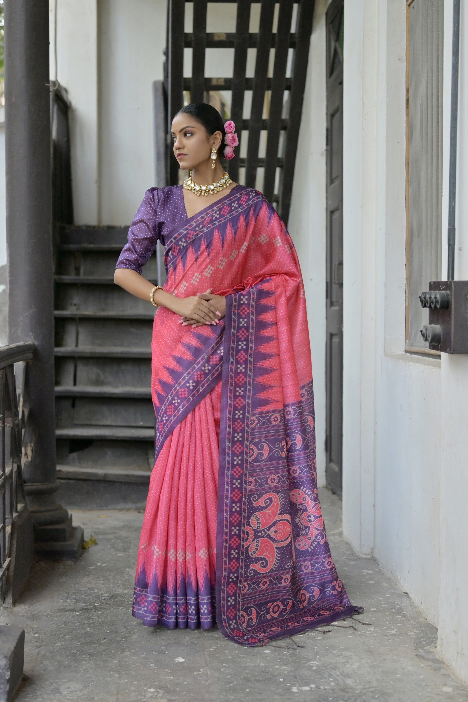 Jyoti Fashion Women's Pink Soft Tussar Silk Temple Border Saree with Blouse