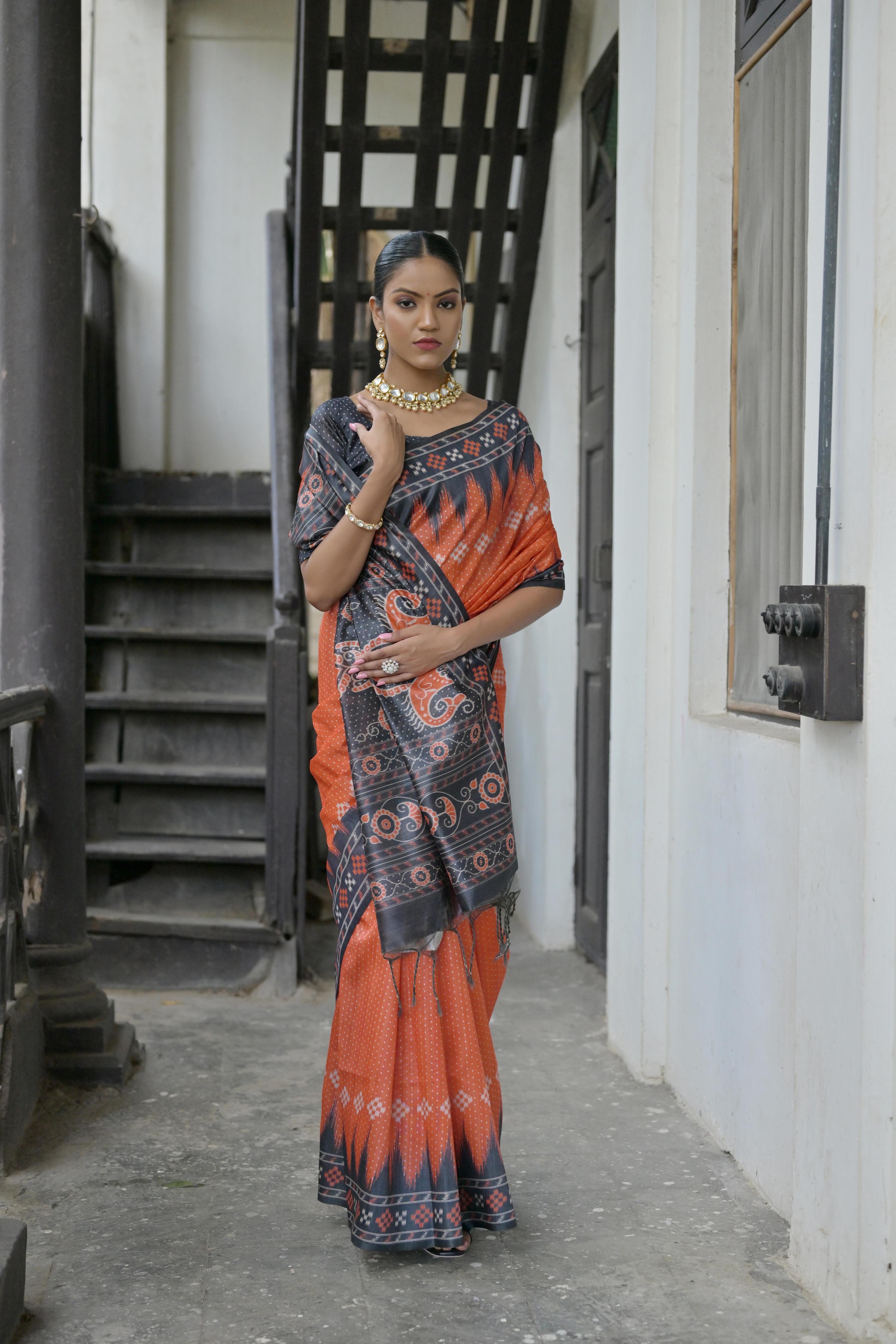 Jyoti Fashion Women's Red Soft Tussar Silk Temple Border Saree with Blouse