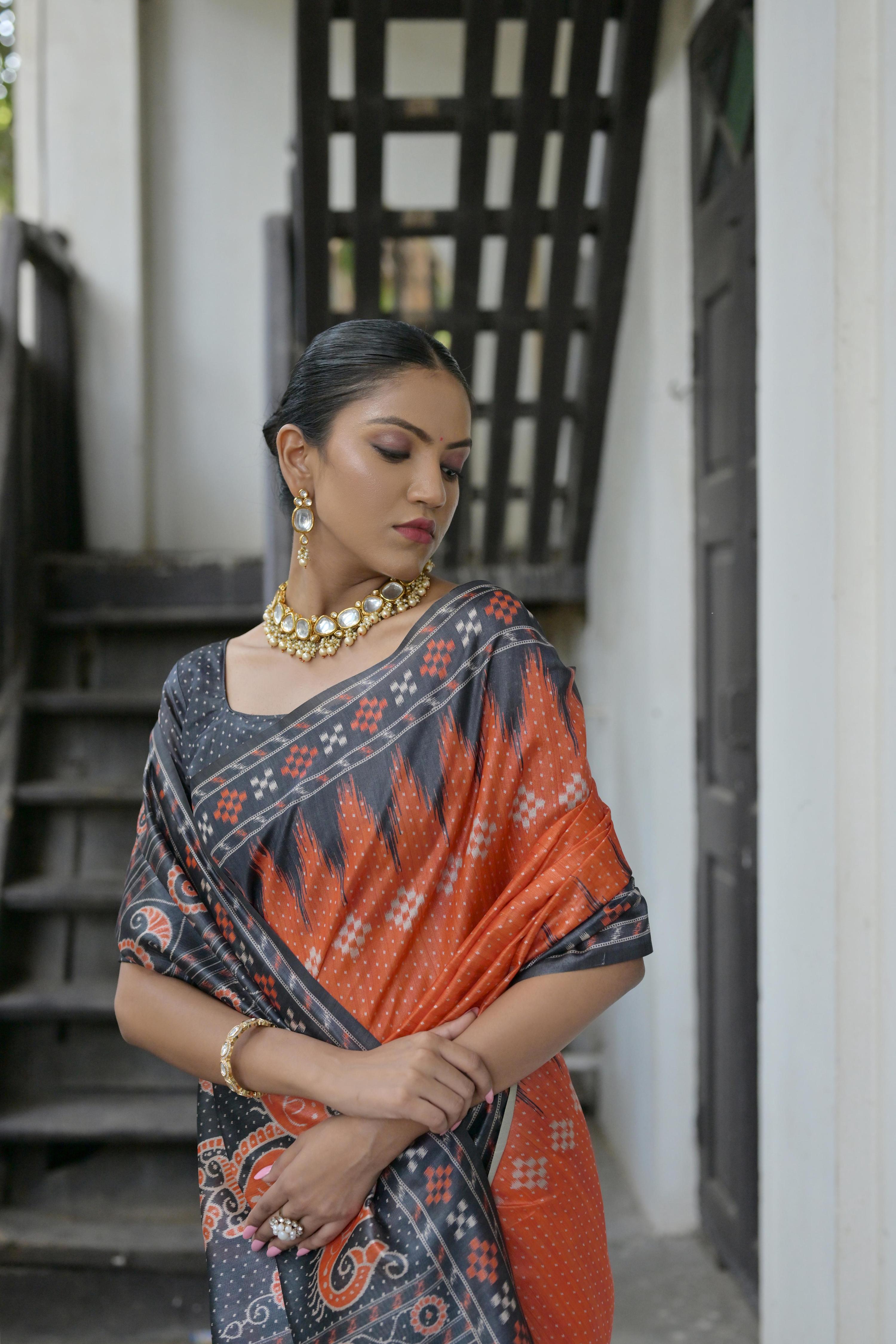 Jyoti Fashion Women's Red Soft Tussar Silk Temple Border Saree with Blouse