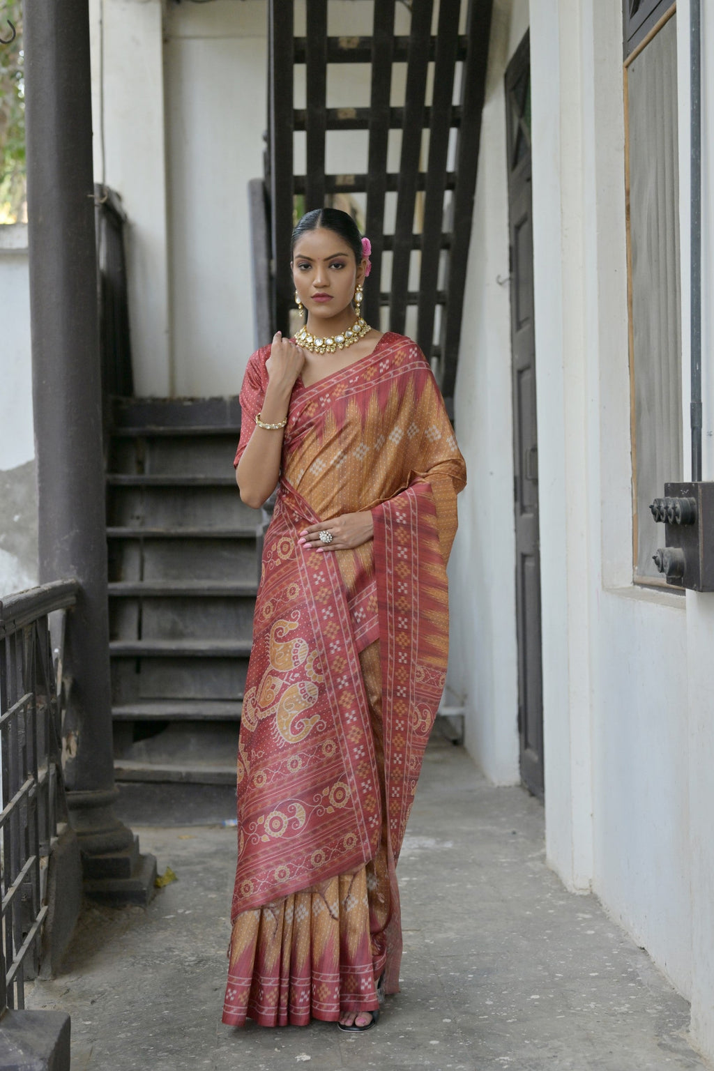 Jyoti Fashion Women's Mustard Soft Tussar Silk Temple Border Saree with Blouse