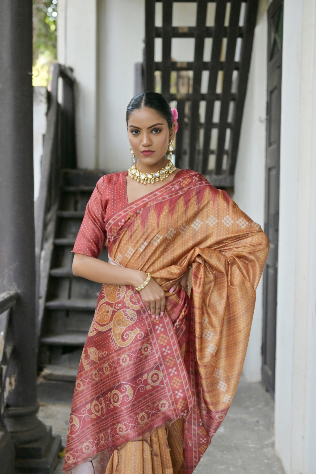 Jyoti Fashion Women's Mustard Soft Tussar Silk Temple Border Saree with Blouse