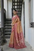 Jyoti Fashion Women's Mustard Soft Tussar Silk Temple Border Saree with Blouse