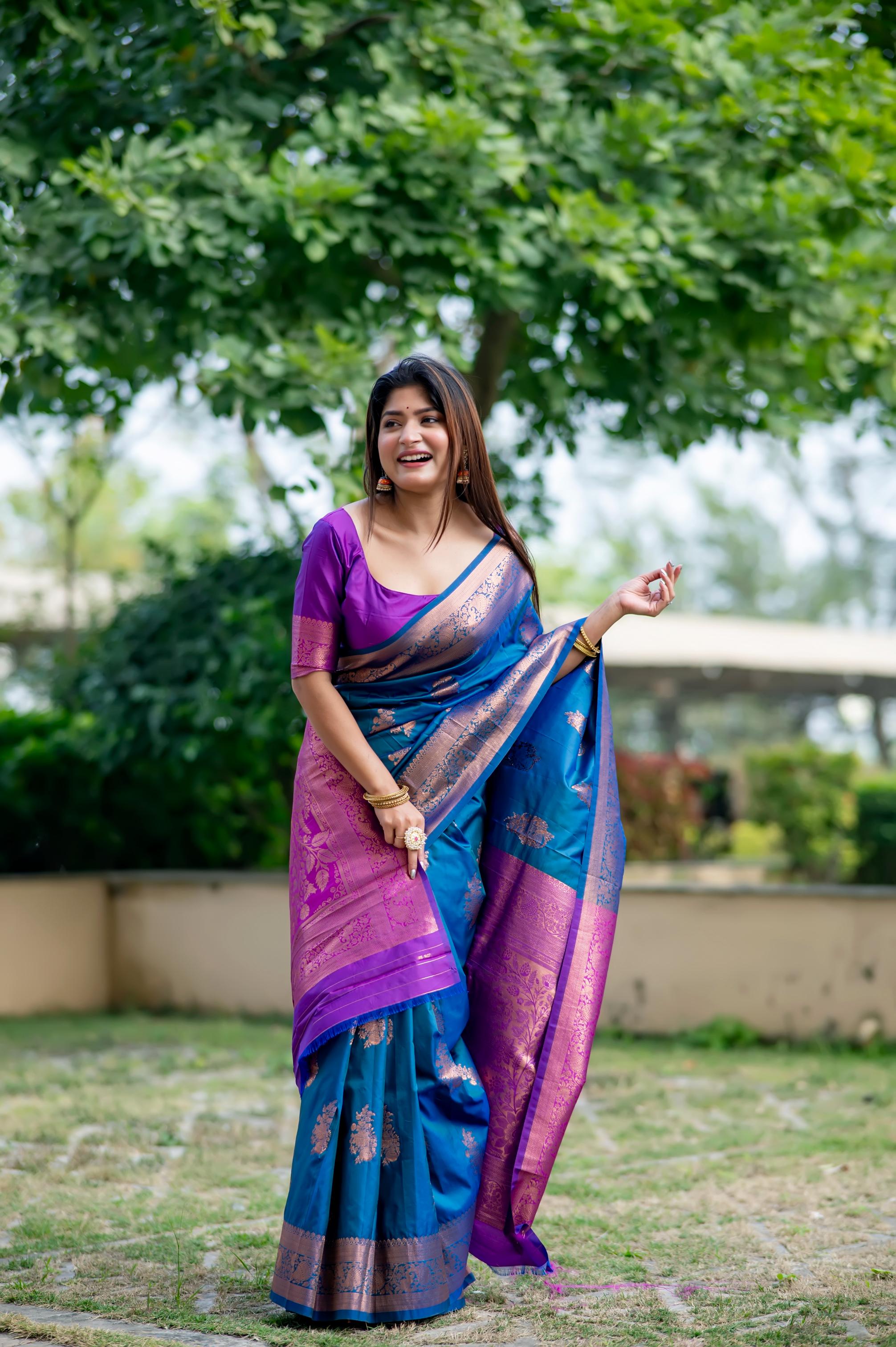 Jyoti Fashion Women's Blue Soft Banarasi Silk Zari Woven Saree with Blouse