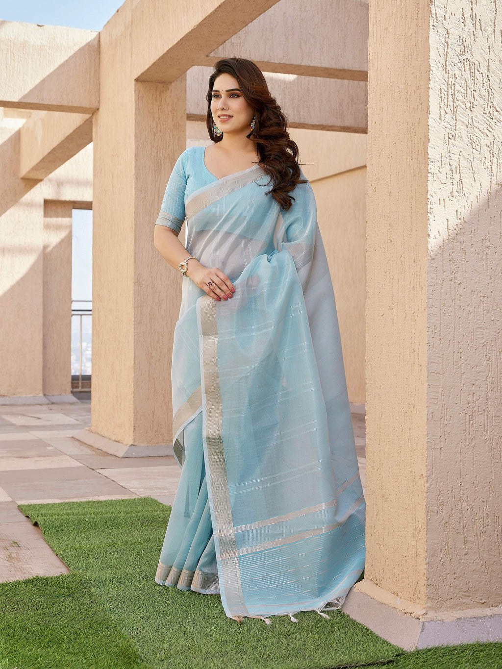 Jyoti Fashion Women's Sky Blue Soft Tissue Linen Silk Zari Woven Saree with Blouse