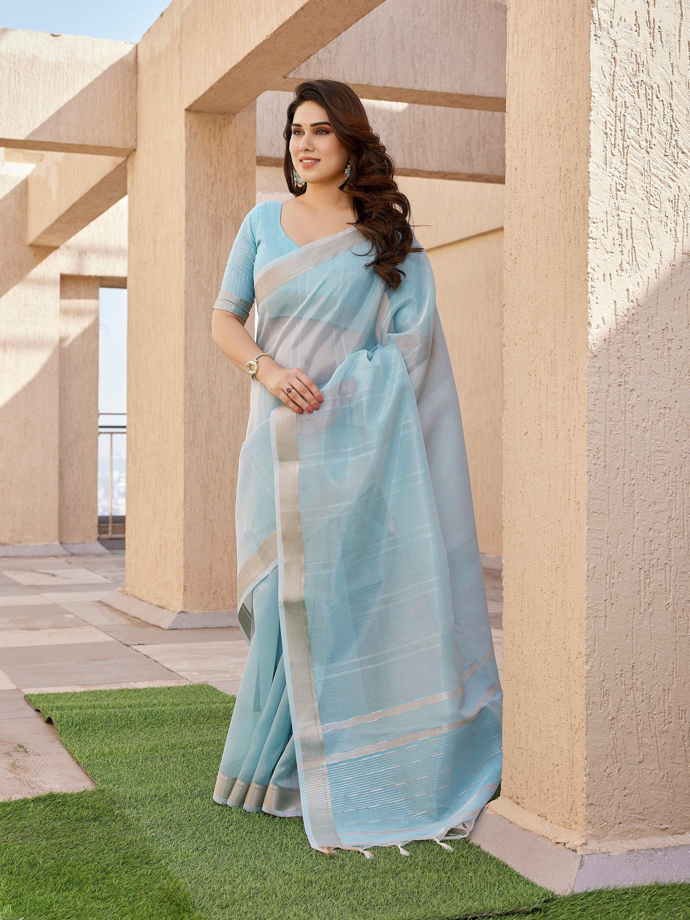 Jyoti Fashion Women's Sky Blue Soft Tissue Linen Silk Zari Woven Saree with Blouse