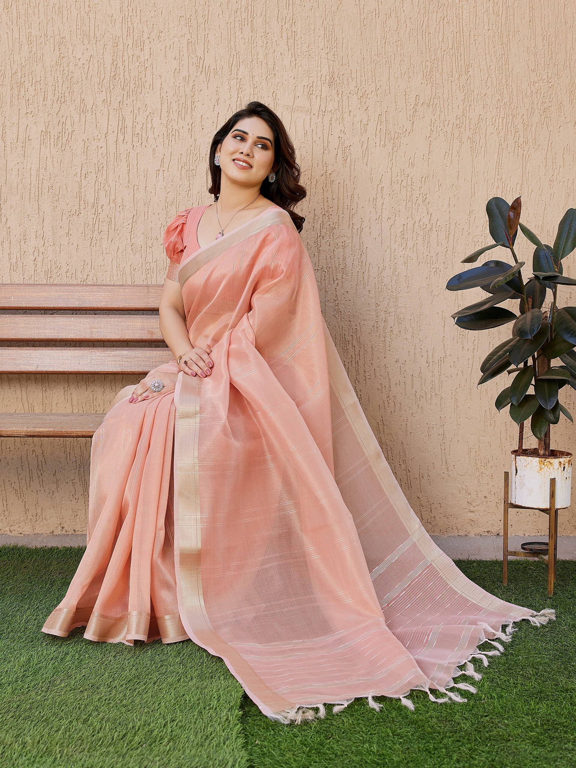 Jyoti Fashion Women's Peach Soft Tissue Linen Silk Zari Woven Saree with Blouse