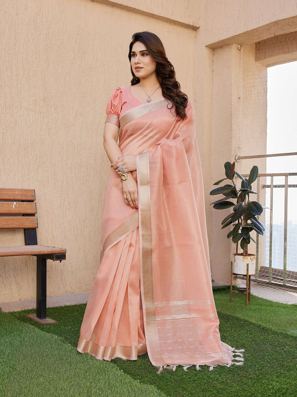 Jyoti Fashion Women's Peach Soft Tissue Linen Silk Zari Woven Saree with Blouse