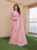 Jyoti Fashion Women's Pink Soft Tissue Linen Silk Zari Woven Saree with Blouse