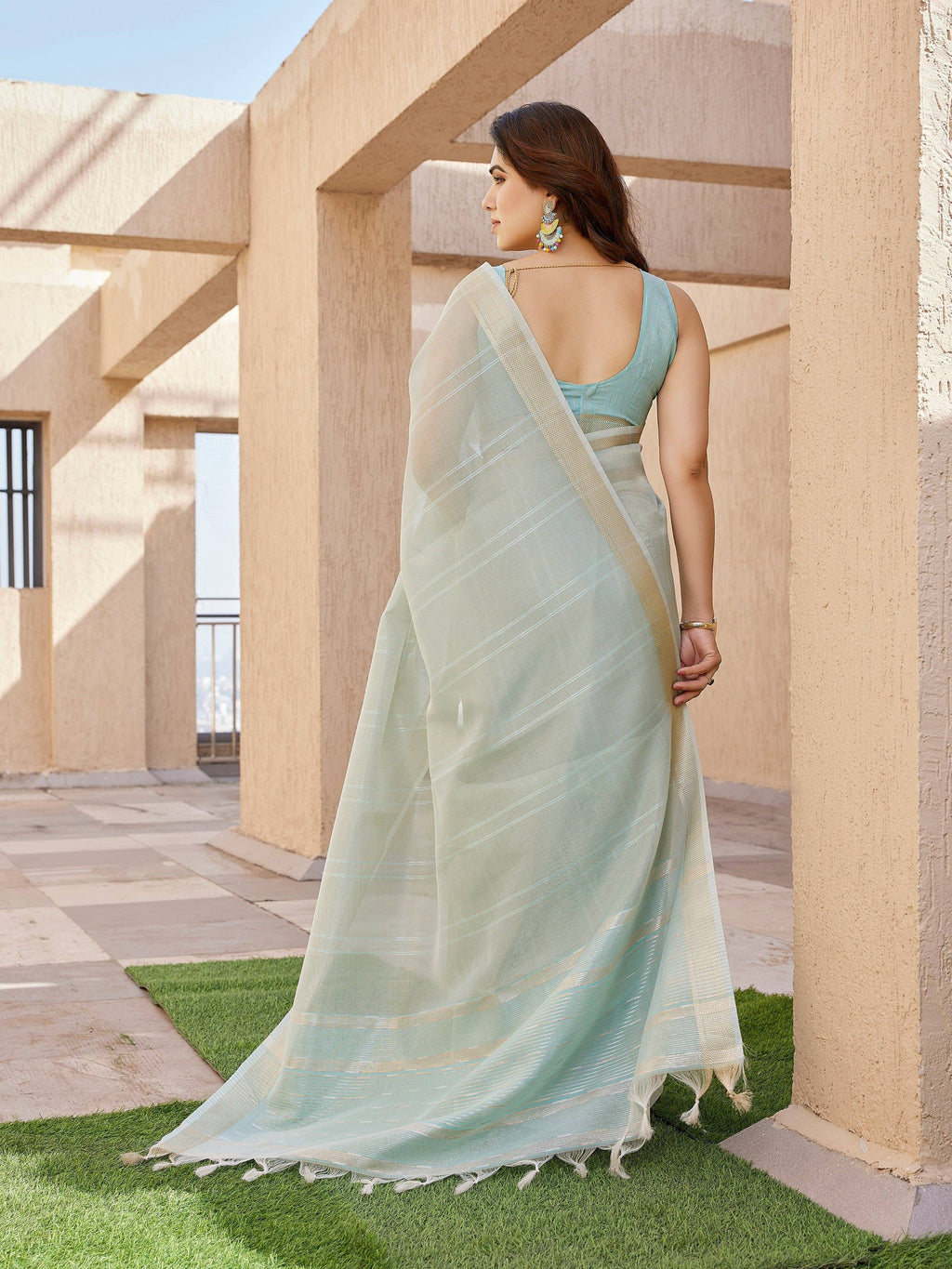 Jyoti Fashion Women's Sea Green Soft Tissue Linen Silk Zari Woven Saree with Blouse